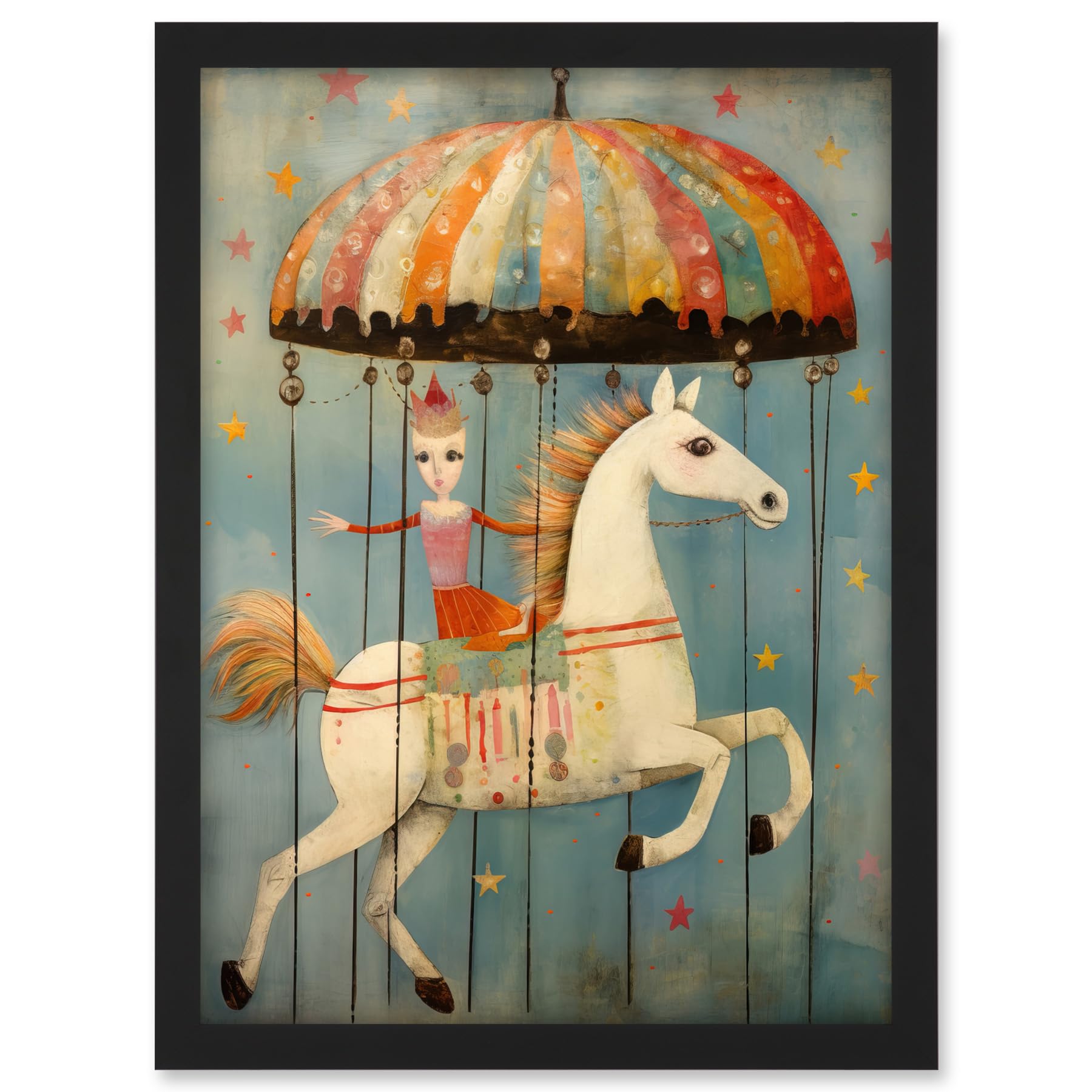 Artery8 Folk Art Whimsical Carousel Fairground Kids Girls Bedroom Artwork Soft Pastel Horse Artwork Framed A3 Wall Art Print