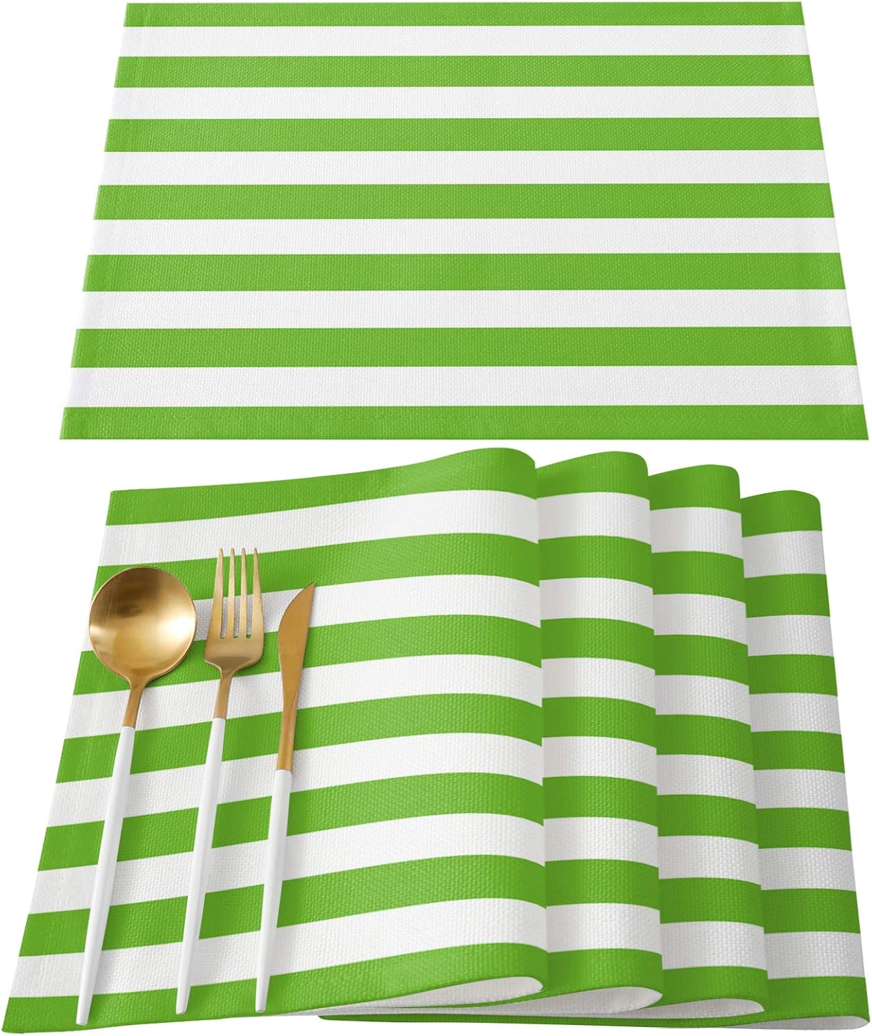 Chic D Indoor Placemats for Dining/Round/Kitchen Table, Mint Green Stripes, Table Mats Set of 6 Washable Non-Slip Heat Resistant Table Placemats, Horizontal Geometric, Suitable for Kids/Woman/Man