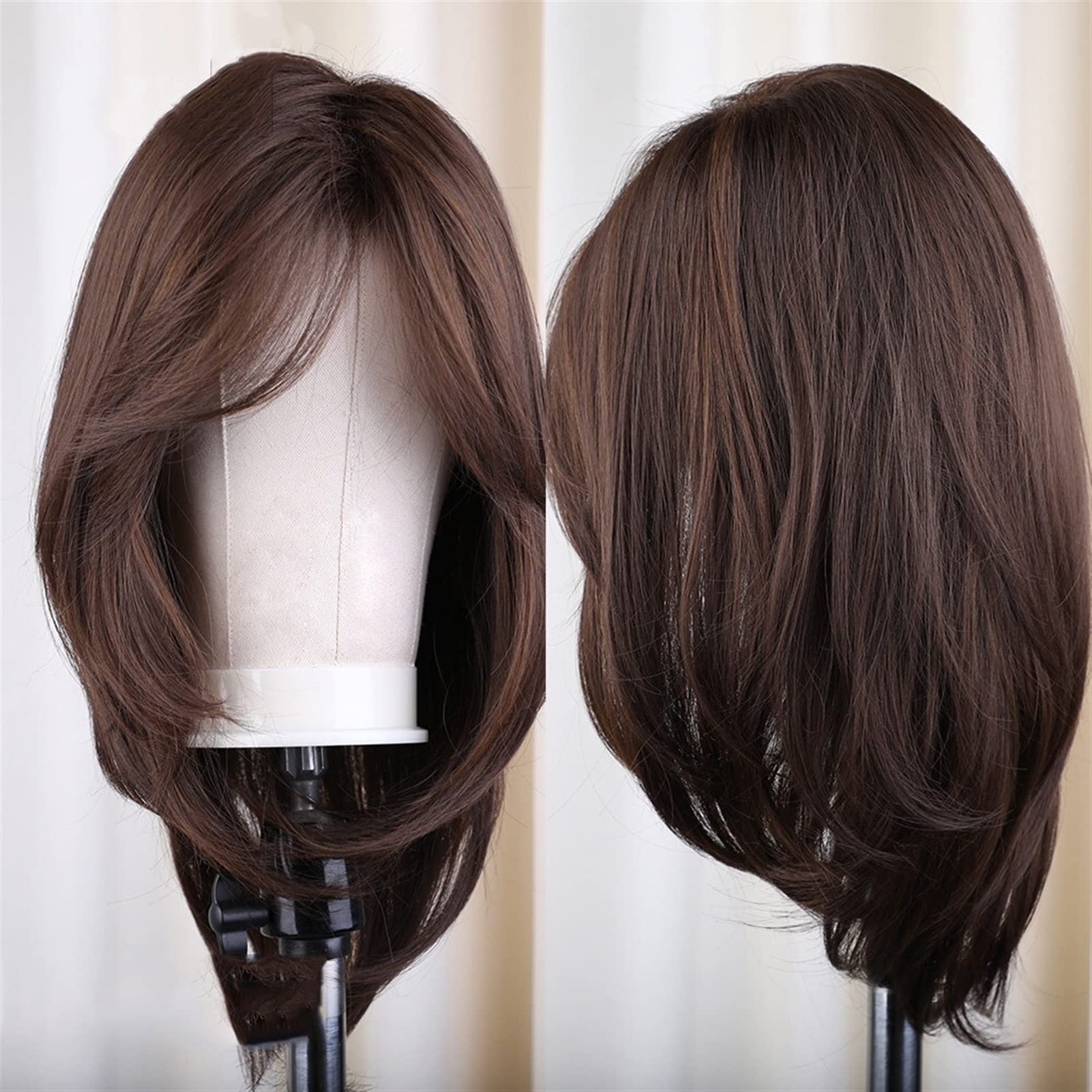 Parrucche marrone scuro for donna Capelli sintetici Affascinanti parrucche lunghe ricci naturali con parte laterale frangia Parrucca sintetica in fibra resistente al calore