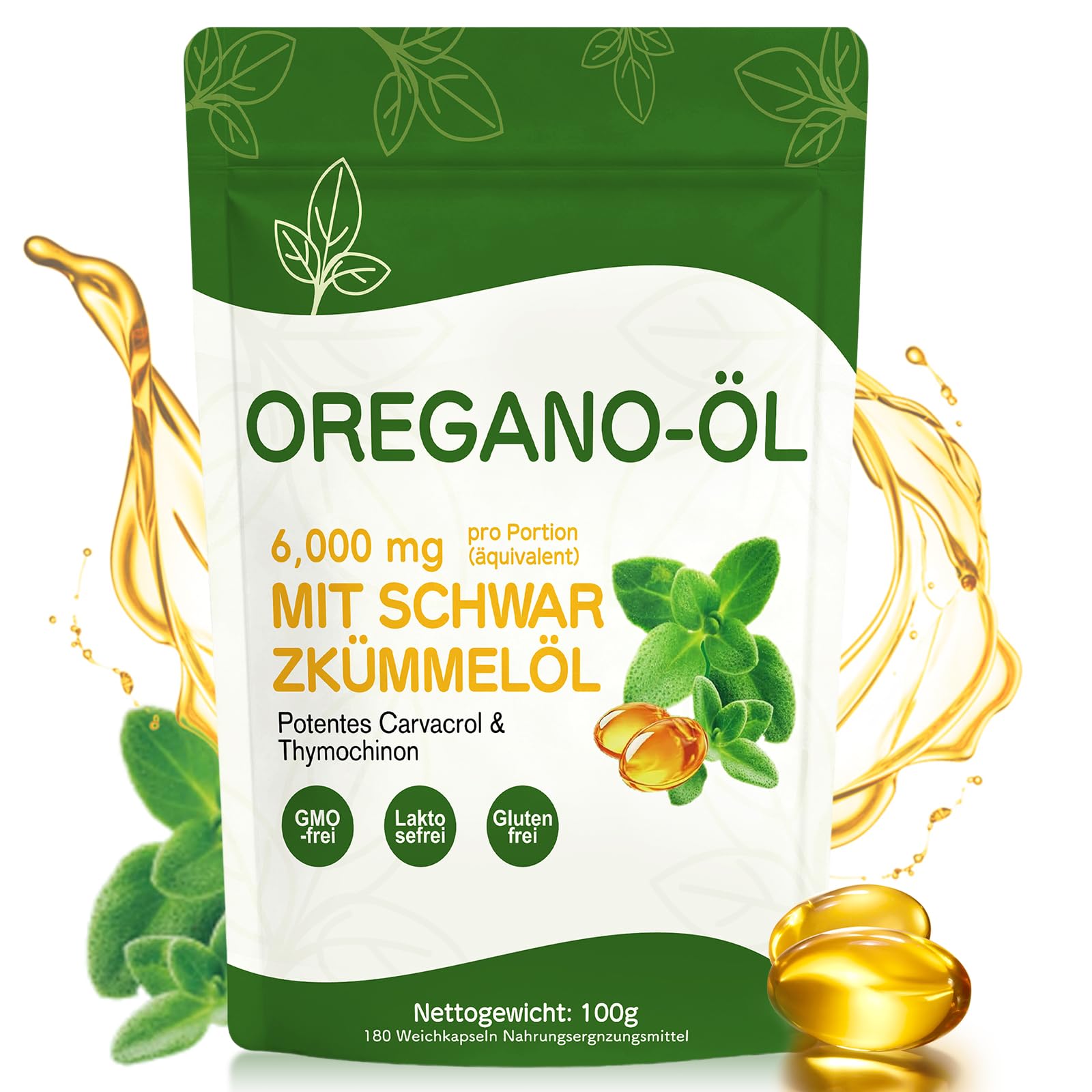 Oregano Öl Kapseln 6000 mg, 180 Weichkapseln – 2-in-1 Oreganoöl mit Schwarzkümmelöl – Pflanzliche Ölkombination mit Carvacrol & Thymochinon – Ohne Gentechnik – Für tägliche Ernährungsroutine
