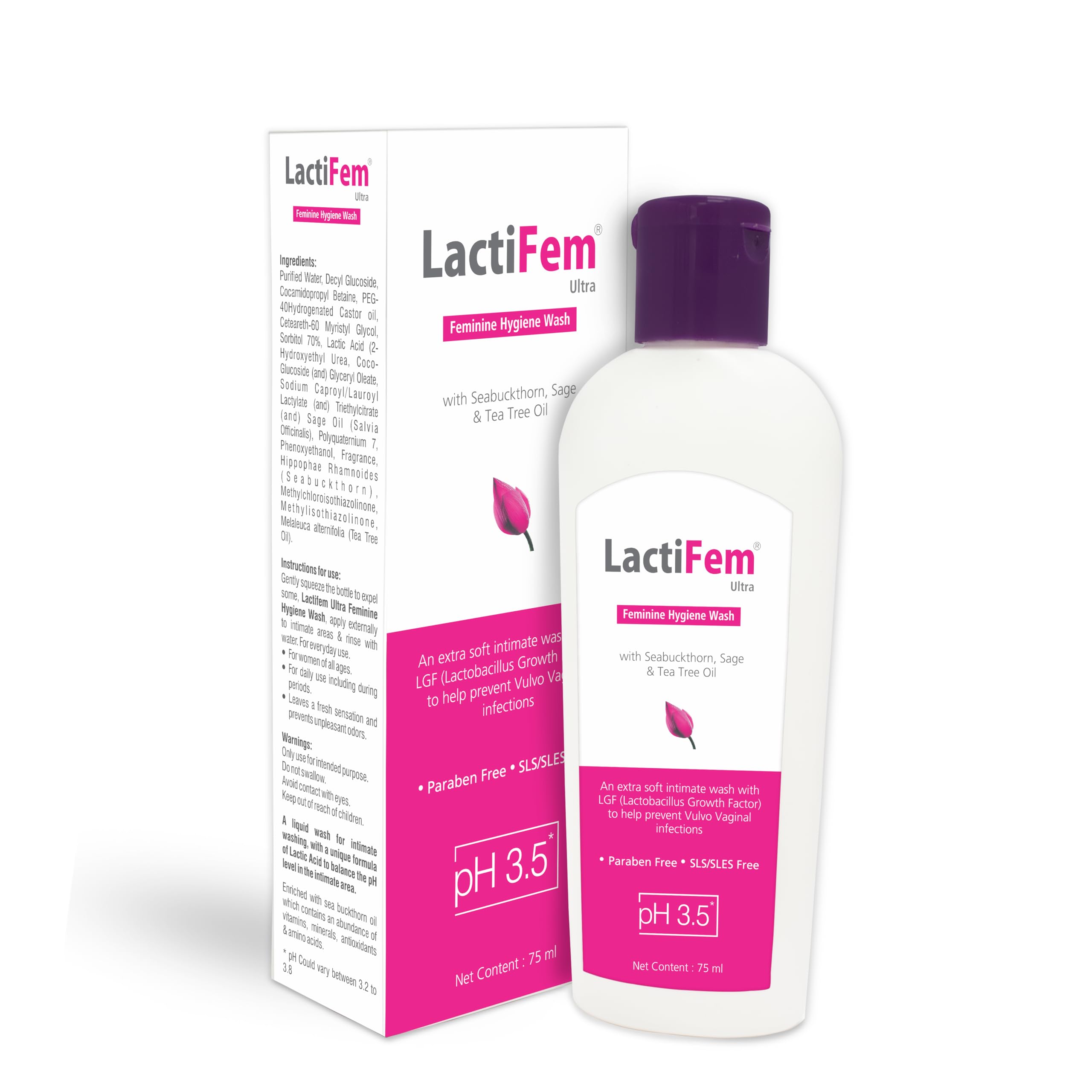 LactiFem Ultra Feminine Hygiene Wash | 75ml | Extra Soft Intimate Wash | Helps to Prevent Vaginal Infection with pH 3.5 | Paraben-free SLS/SLES Free