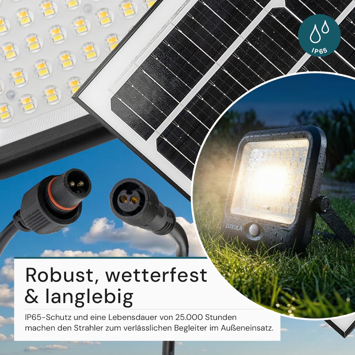 LUXULA LED Solarstrahler für außen 2 Stück, Außenstrahler Solar 20W mit Bewegungsmelder, Solar Strahler außen, Solarpanel mit Akku, 3CCT 3000K 4000K 6500K einstellbar, IP65, Fernbedienung, 2m Kabel