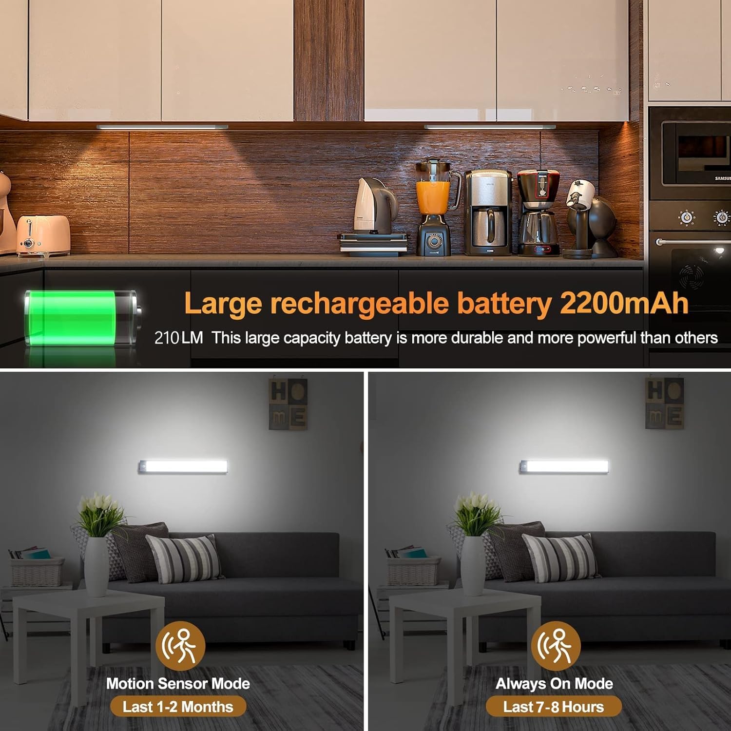Unterschrankleuchten, dimmbar, 60 LEDs, Bewegungsmelder, Innenbereich, kabellos, wiederaufladbar, 3 Farben, magnetische Schrankleuchte für Küche, Kleiderschrank, 2 Stück