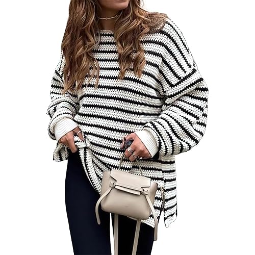 Dokotoo Sweaters for Women Crewneck Long Sleeve Striped Color Block Loose Knit Pullover Sweater Tops