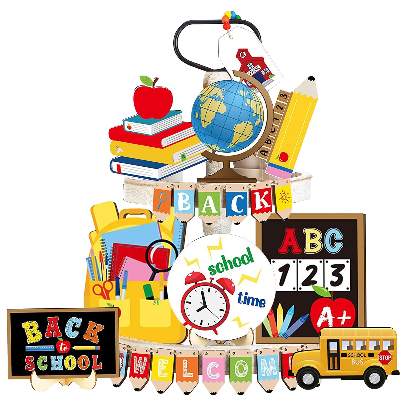 Photo 1 of 24 Pcs Back To School Season Globe Tiered Tray Decor Set, Back To School Season Wooden Signs, Globe Home Decor, Office, Home, Campus Themed Decorative Tray Signs