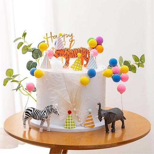 Miniatura 5 de Decoraciones para tartas de safari de la selva, decoración de fiesta de animales, elefantes, tigres y cebras con mini sombrero de fiesta de