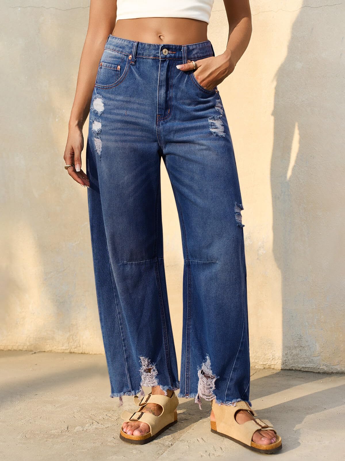 Cicy Bell, Jeans donna baggy a gamba larga stile boyfriend, taglio cropped con orlo grezzo