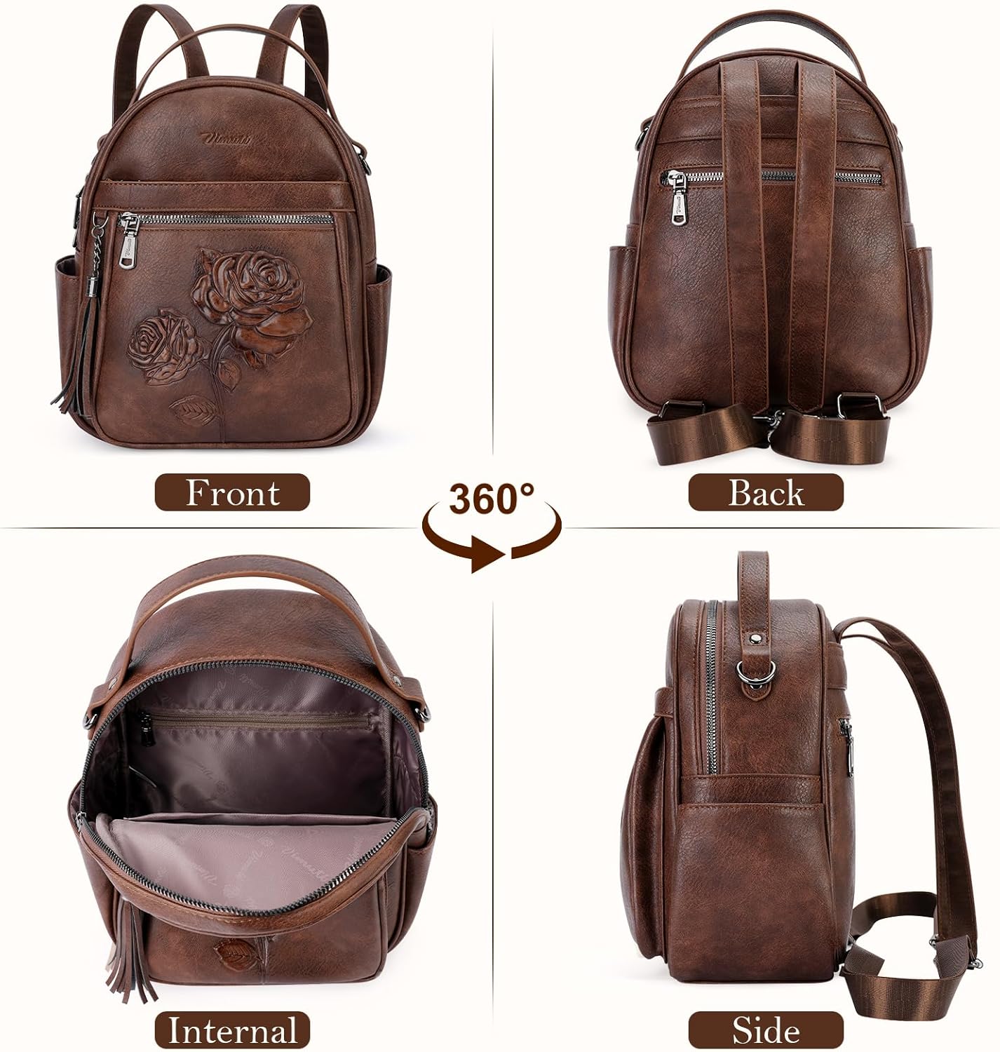 Mini Backpack Purse for Women,Embossed Leather Small Backpack Fashion Travel Backpacks Daypacks Shoulder Handbag (COFFEE-Flower) - Image 4