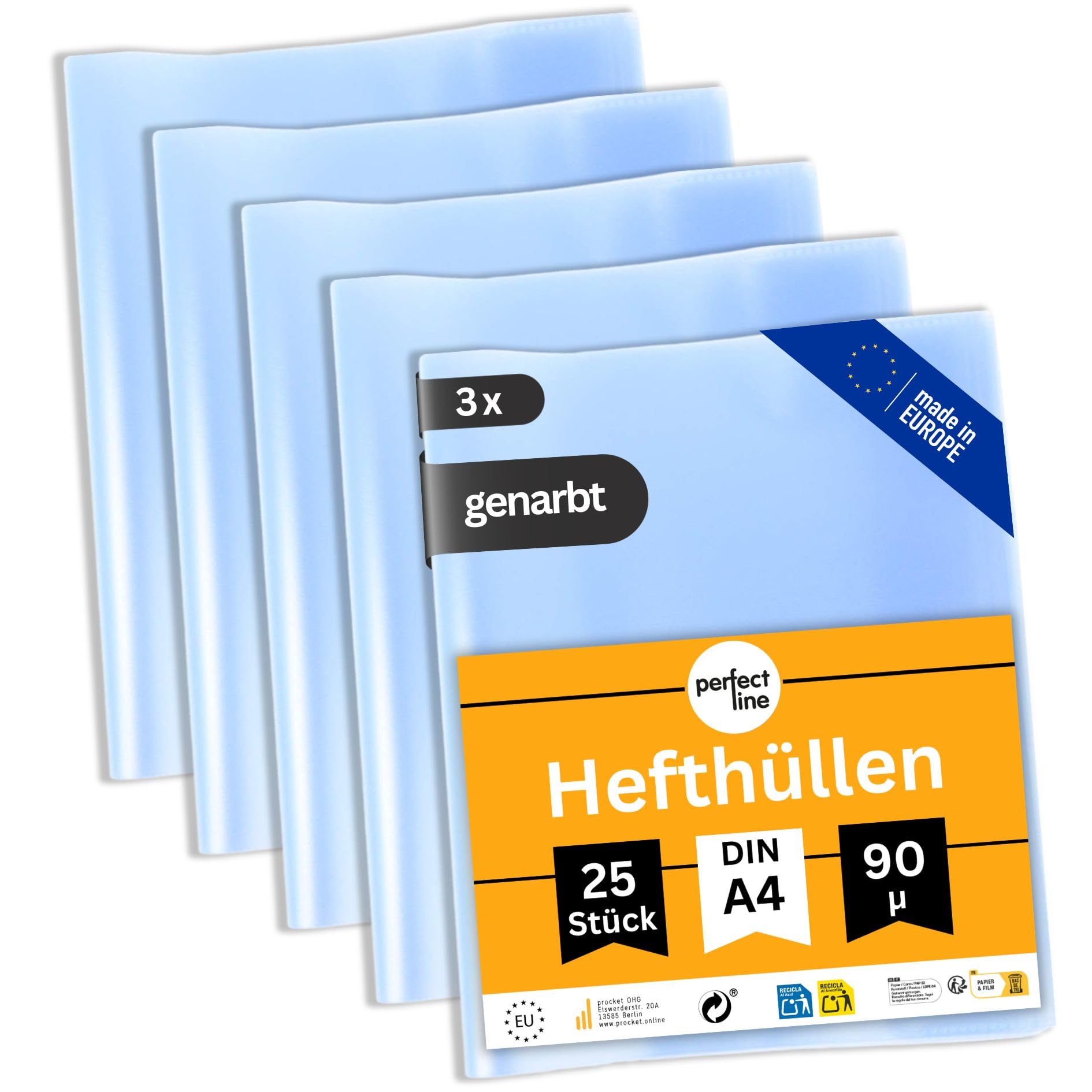 perfect line 75 Hefthüllen DIN-A4 transparent, Heftumschlag durchsichtig & genarbt, Heftschoner aus recyclebarem PP (3 x 25 (75 Stk.))