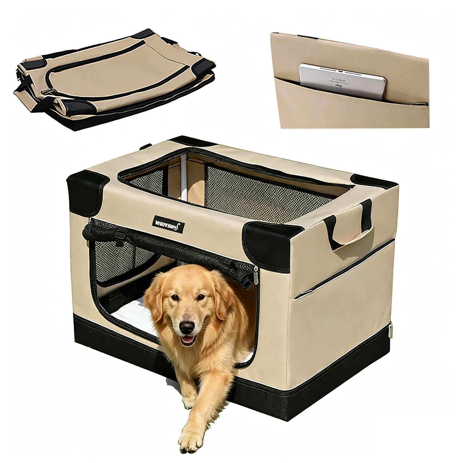 Large Dog Carrier, Folding Crate for Medium Dogs, Folding Bag, Sturdy Net Windows and Plush Bed Insert for Home and Travel (82 x 59 x 59 cm)