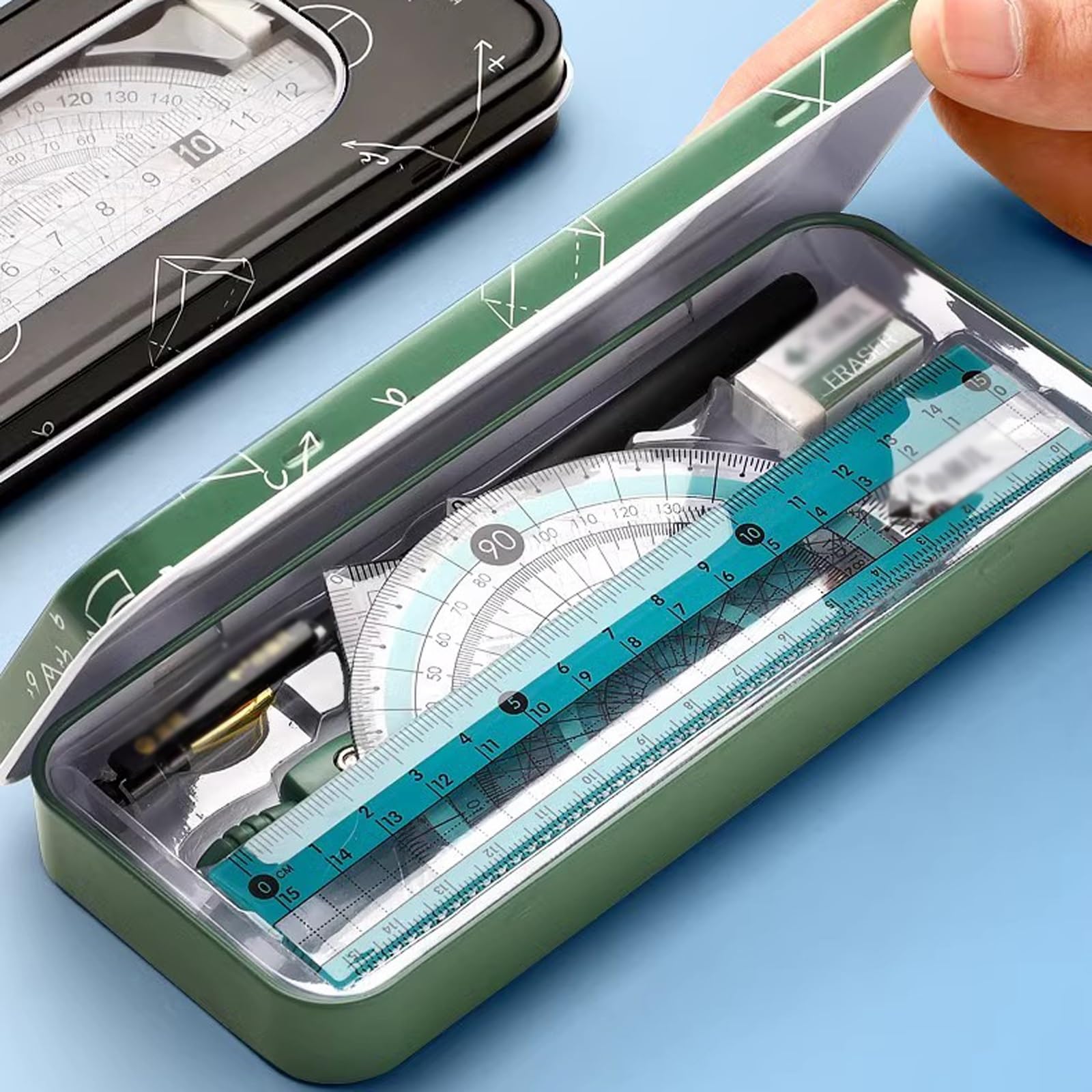 Mathe-Set, Winkelmesser-Set, Mathe-Geometrie-Set, 8-teilig, mit Aufbewahrungsbox, Schülerbedarf, Zeichenkompass, inklusive Winkelmesser, Linealen, Zirkel, Anspitzer, Minenminen, Bleistift, Radiergummi