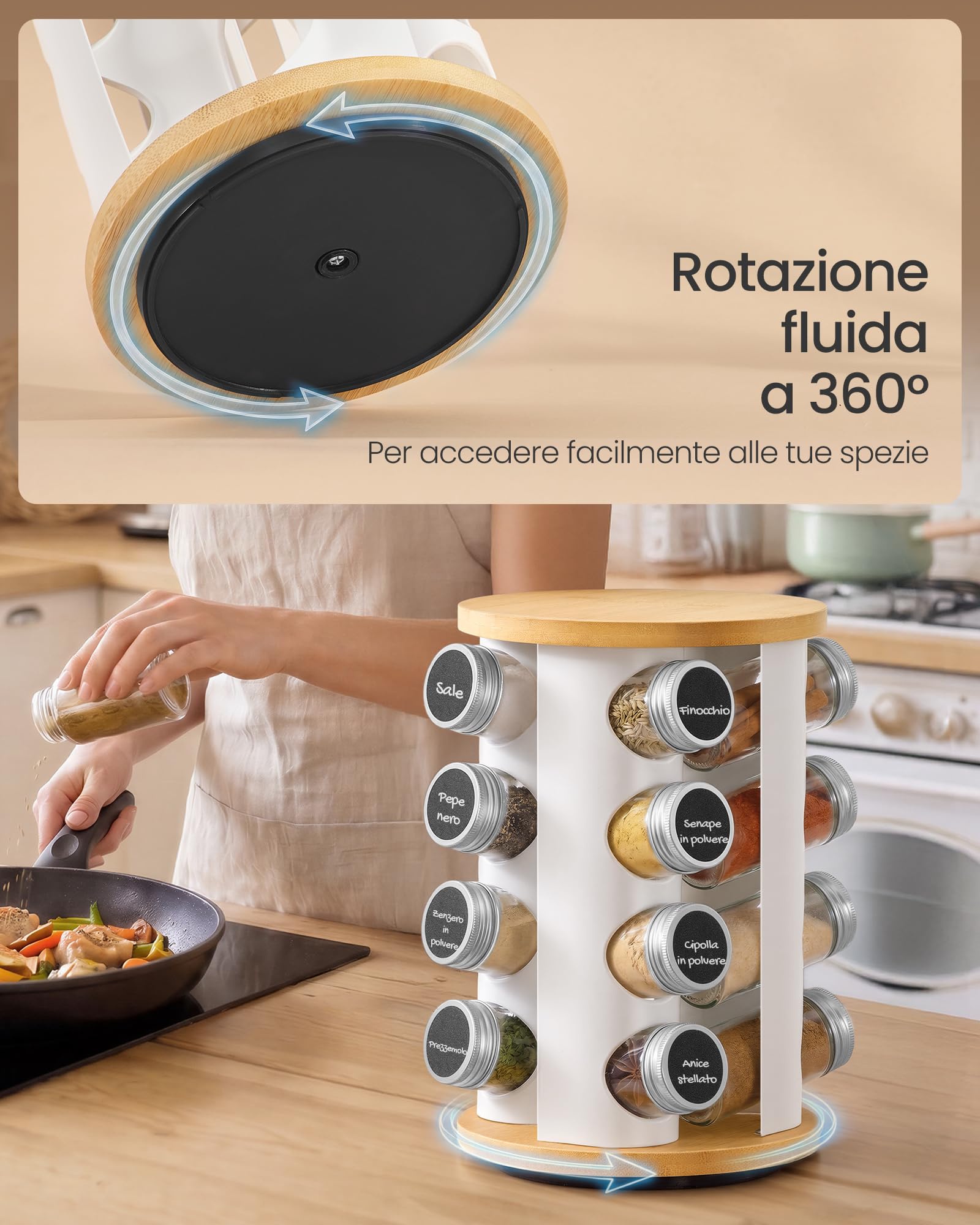 SONGMICS Portaspezie Girevole, con 16 Barattoli in Vetro, Organizer da Cucina, Porta Spezie con Etichette, Imbuto, Pennarello, Spazzola, Bianco Opaco e Bambù Naturale KCS256W101