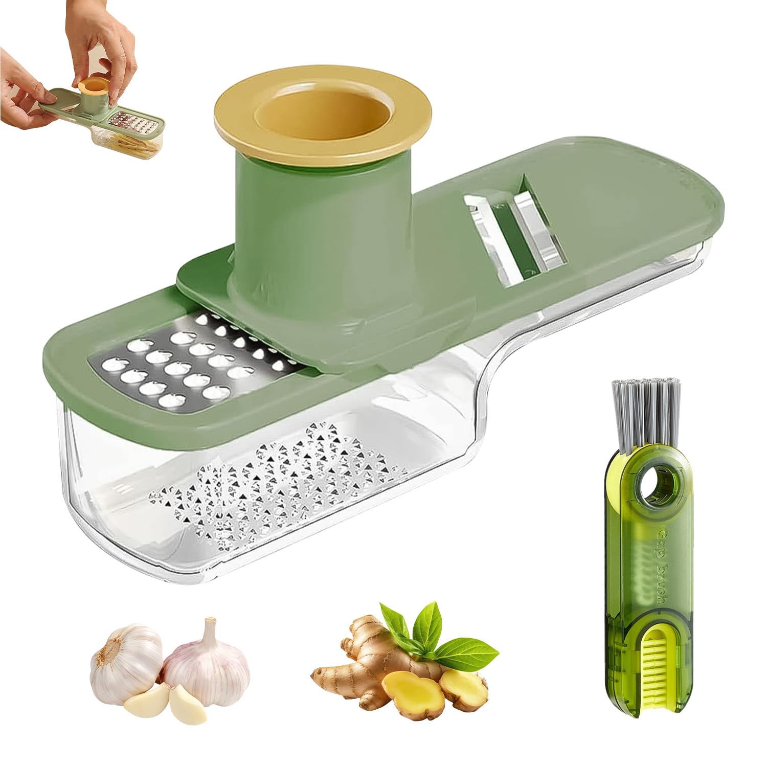 Multifunctional Garlic Grinder with Storage Box and Cleaning Brush Mini Garlic Ginger Slicer with Container Vegetable Cutter Tools for Kitchen