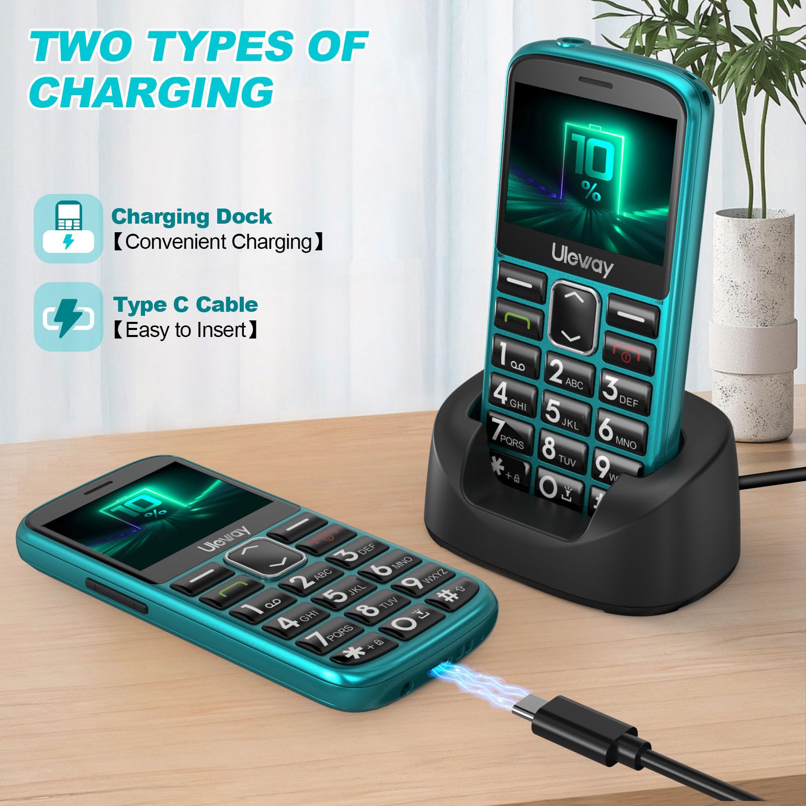 CHAKEYAKE Seniorenhandy mit Großen Tasten und Mobiltelefon Ohne Vertrag,2,4 Zoll LCD|Hörgeräte Kompatibel|SOS-Funktion|Dual SIM Handy |Ladestation|Taschenlampe -Grün