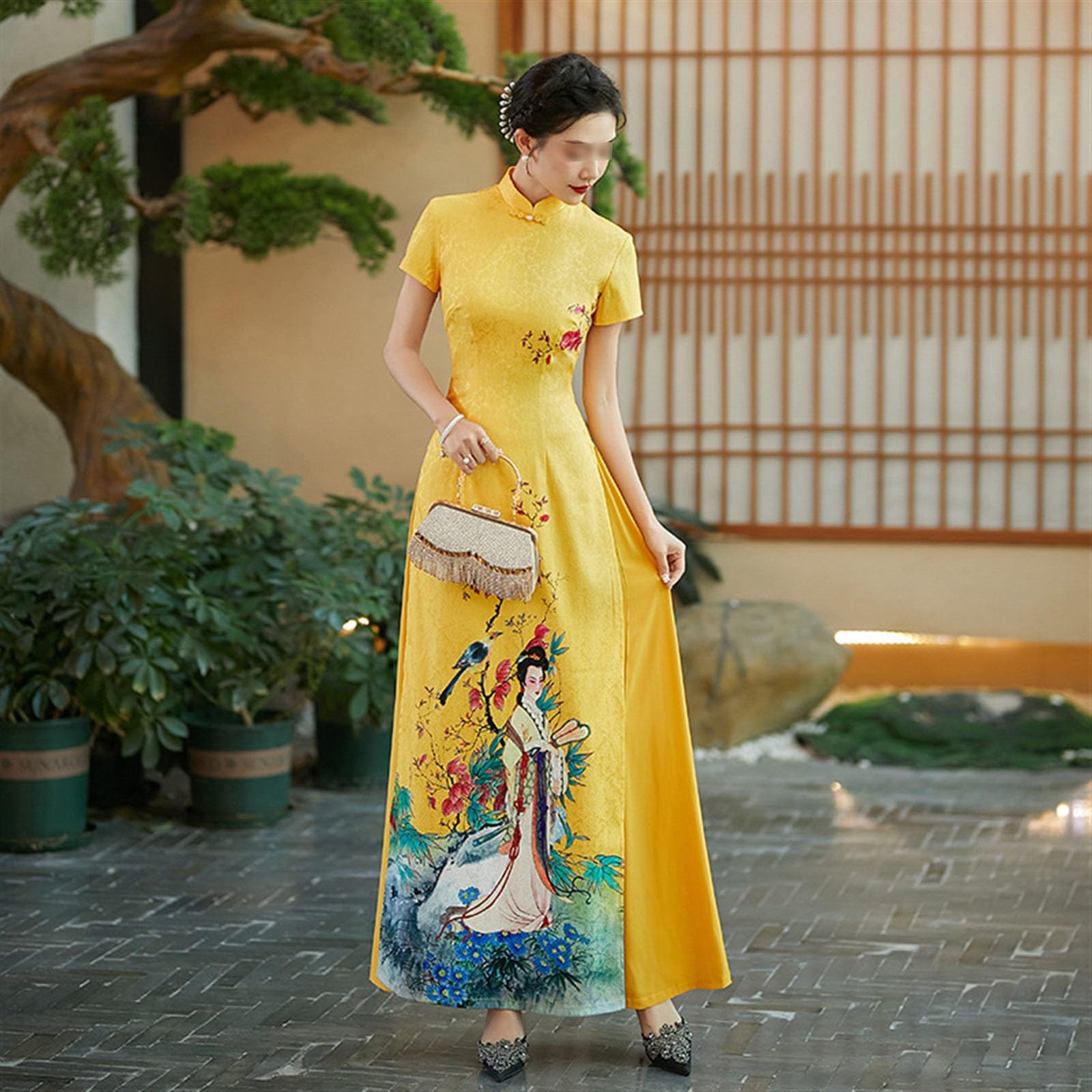 HAJHI Long Atmosphere Chinese Dress for Women Catwalk Stage Performance Ao  Dai Vietnamese Dress Vintage Printed Qipao Double Layer Slit Prom(S) :  Amazon.ie: Fashion