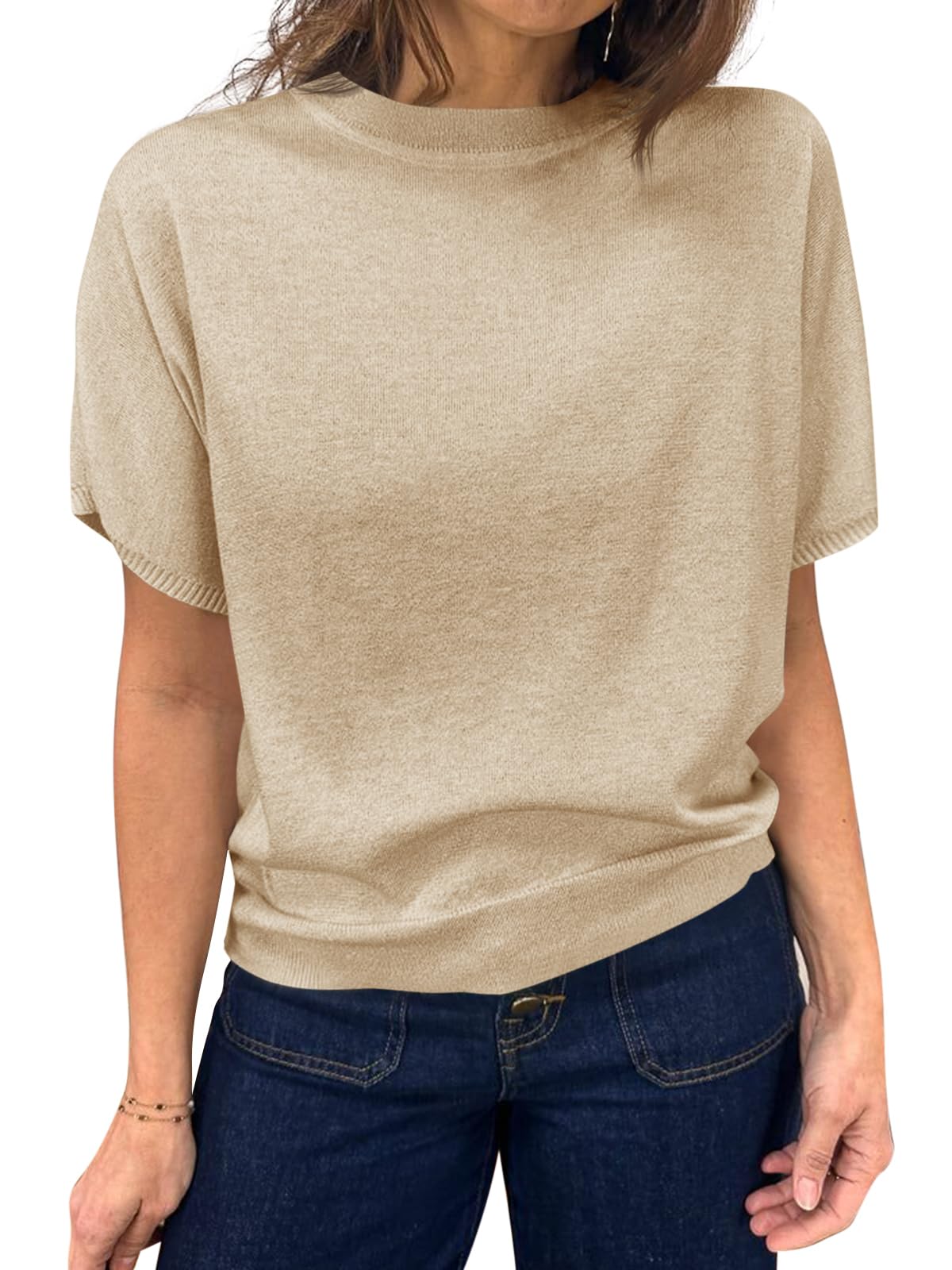 Saodimallsu Women's Short Sleeve Crew Neck Knit Pullover Sweater