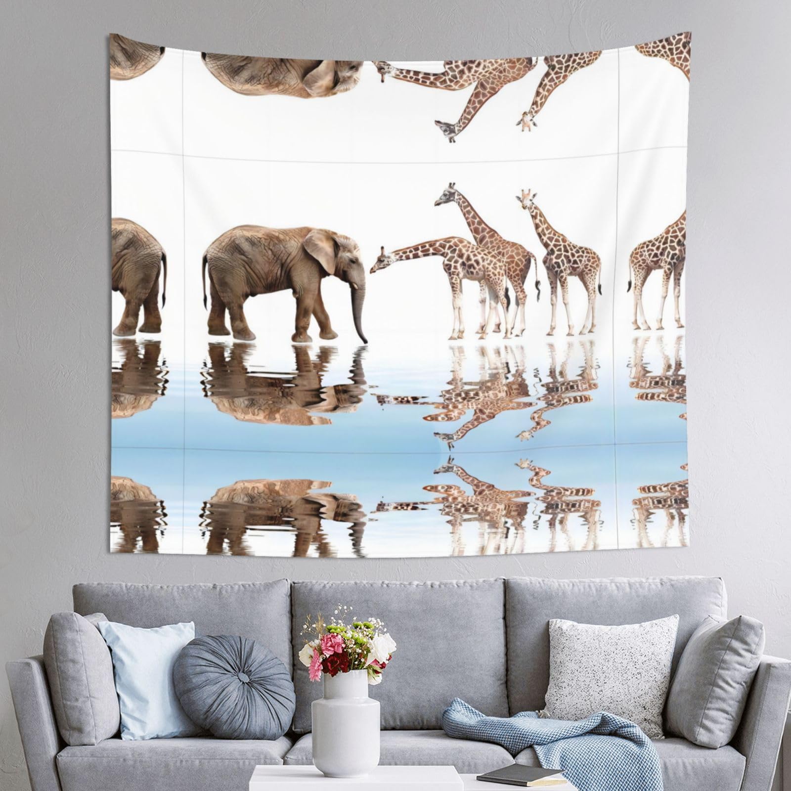 HLSBSSL 60x51in Giraffe and Elephant Printed Tapestry Tablecloth for Dormitory and Picnic Rooms - Multifunctional Fabric Hanging