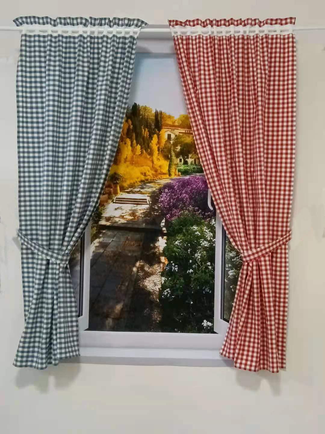 Karo Vorhänge Küchenvorhänge mit Raffhalter HxB 160x100cm 2er Set | Blau Gardinen mit Vichy-Karo Muster Landhausstil Halbtransparent Gardinenschals Gingham für Küche Wohnzimmer Balkon