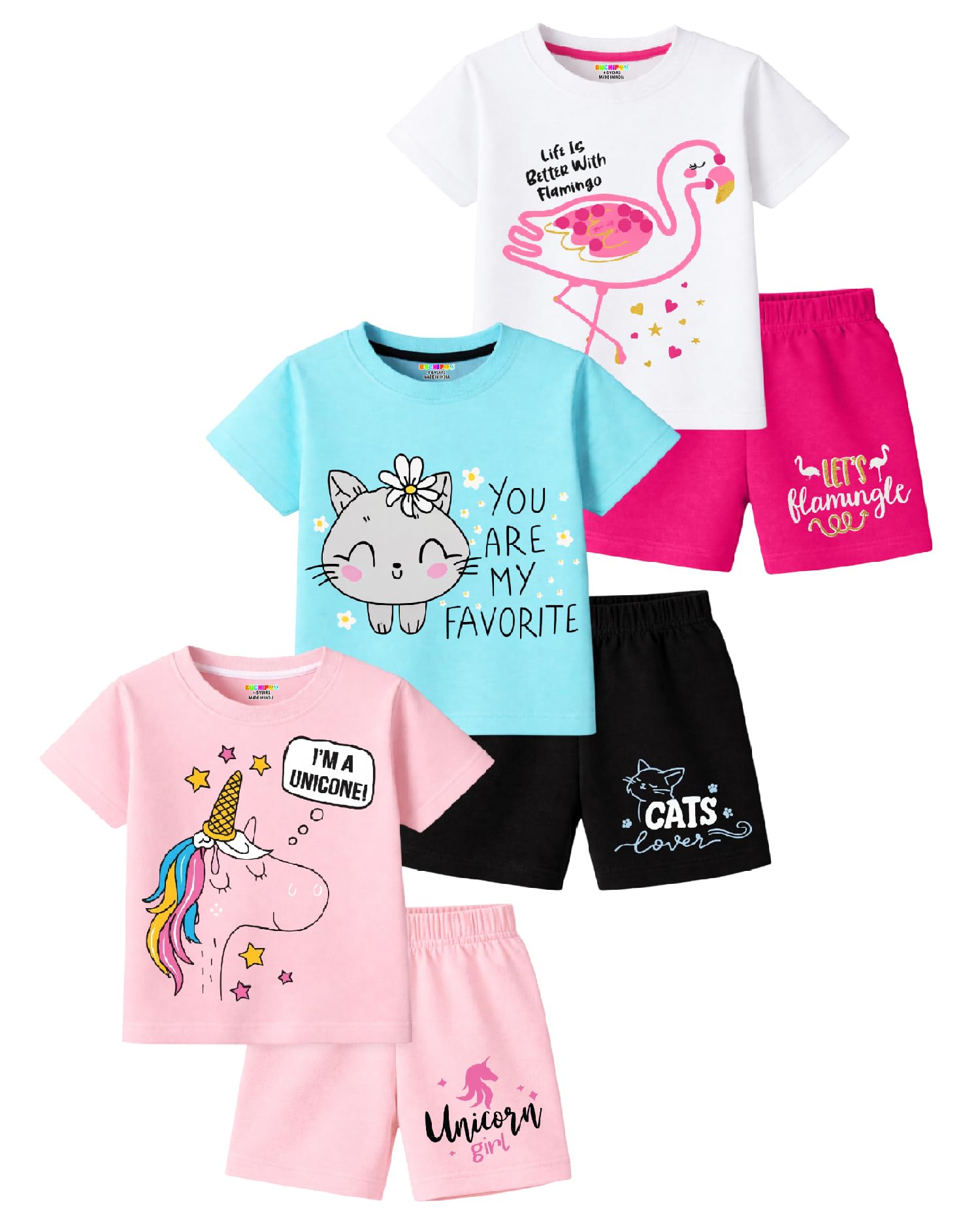 kuchipoo Girls Cotton T-Shirt & Shorts | Printed Summer Wear Set | Soft & Comfortable Kids Clothing | Pack of 3-picture-29