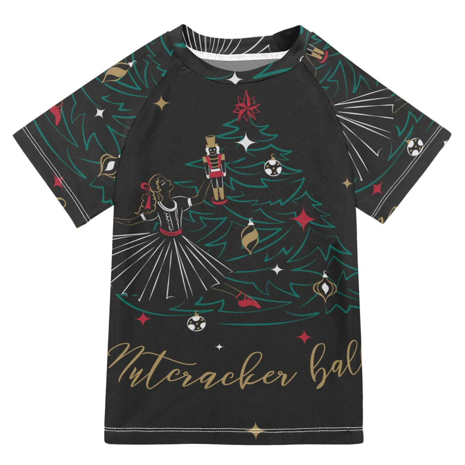 Aflyko Christmas Boys Bathing Suit Tops Nutcrackers Ballet Xmas Tree Star Sun Shirt Comfy Simwear Relax Fit Summer Outfit Beach Lake Pool Cruise Rashguard Trip Present for Kids, 7-8T
