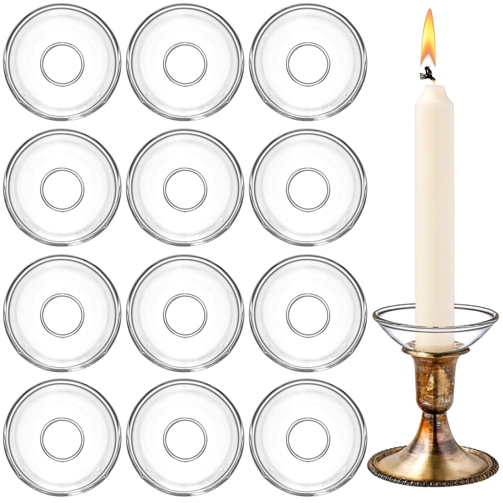 Elsjoy 12 Pack Glass Candle Bobeches, Candle Drip Protectors for Candlestick Holder, Round Clear Candles Wax Catcher for Wedding, Church, Home
