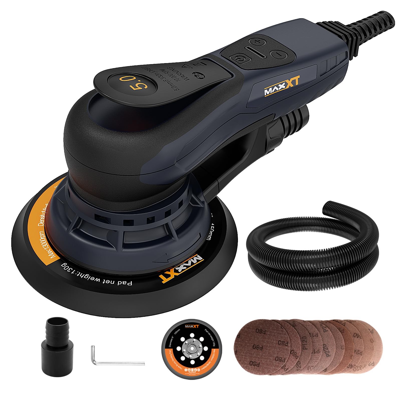 MAXXT lijadora excéntrica 150 mm, sin escobillas, conector tri-núcleo, carrera 5,0 mm, freno automático (2 s), 6 velocidades, incluye 10 lijas y cable 5 m.