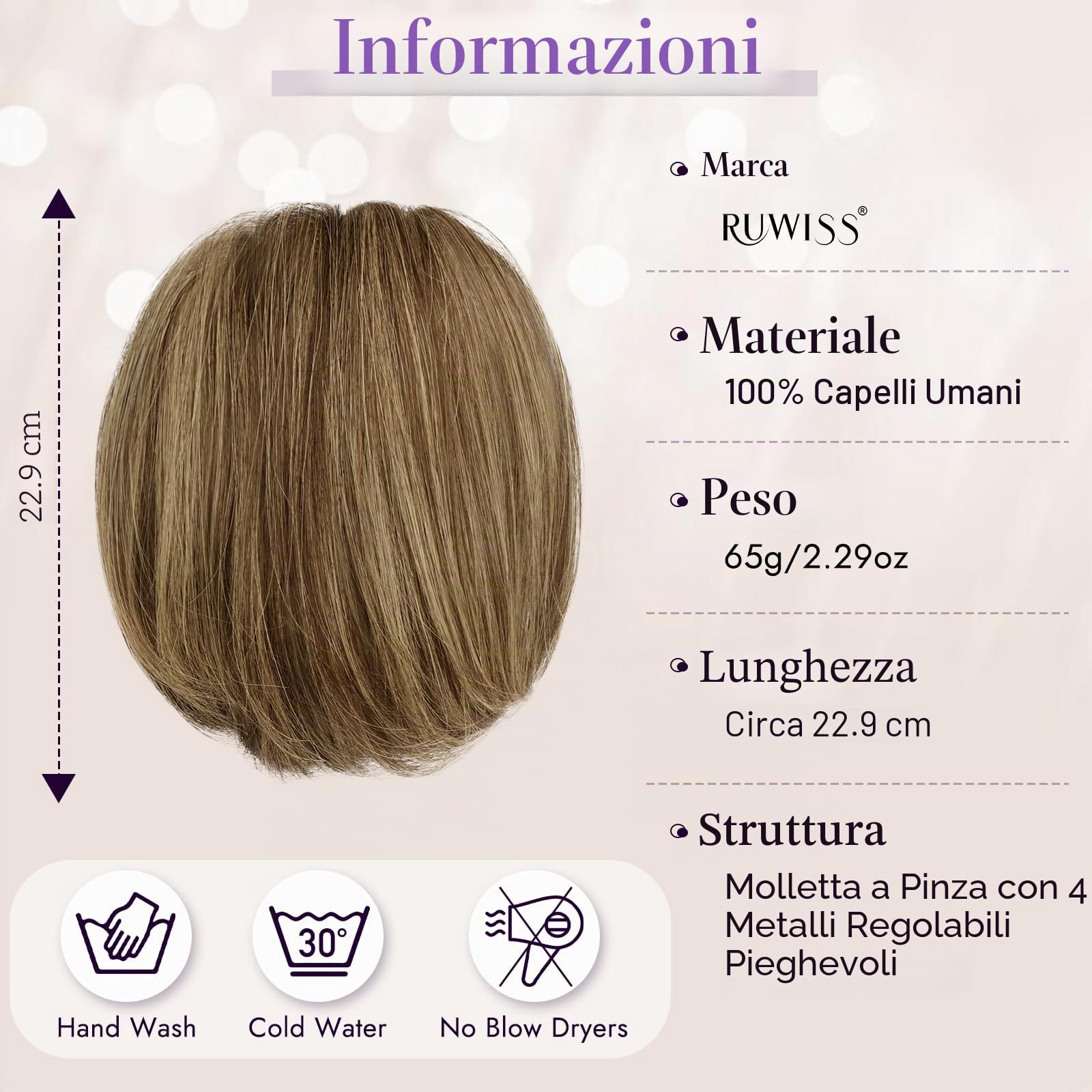 RUWISS Coda Capelli Extension con Pinza, Coda Finta Umani Capelli Corti con Metalli Pieghevoli 22cm Dritto Chignon Capelli Veri per Donna, Castano Cioccolato con Biondo Chiaro Dorato
