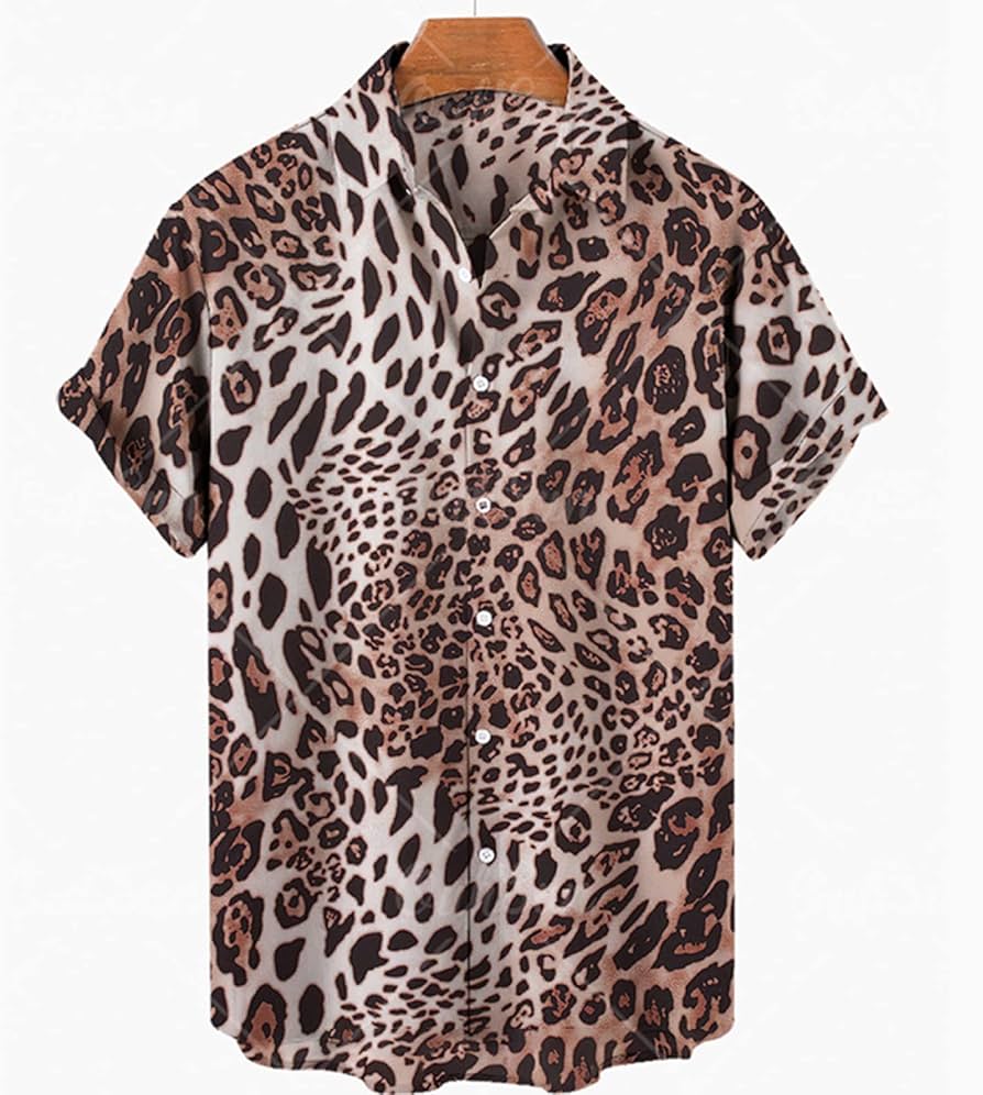 Men's Beach Aloha Shirt - Leopard Pattern Print Button Down Short
