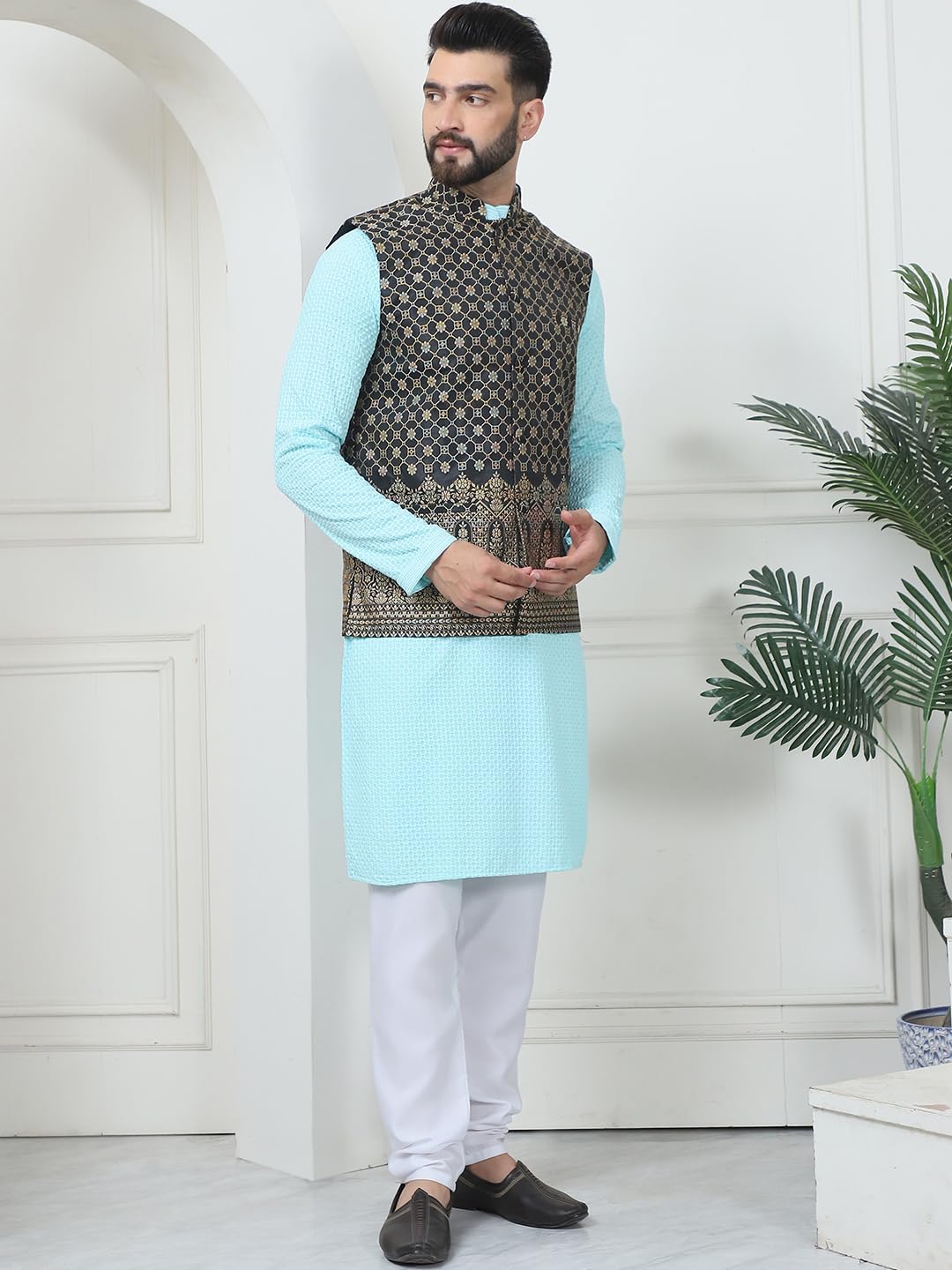 Sojanya (Since 1958 Men's Pure Cotton Sky Blue Kurta And White Pyjama With Black Nehru Jacket