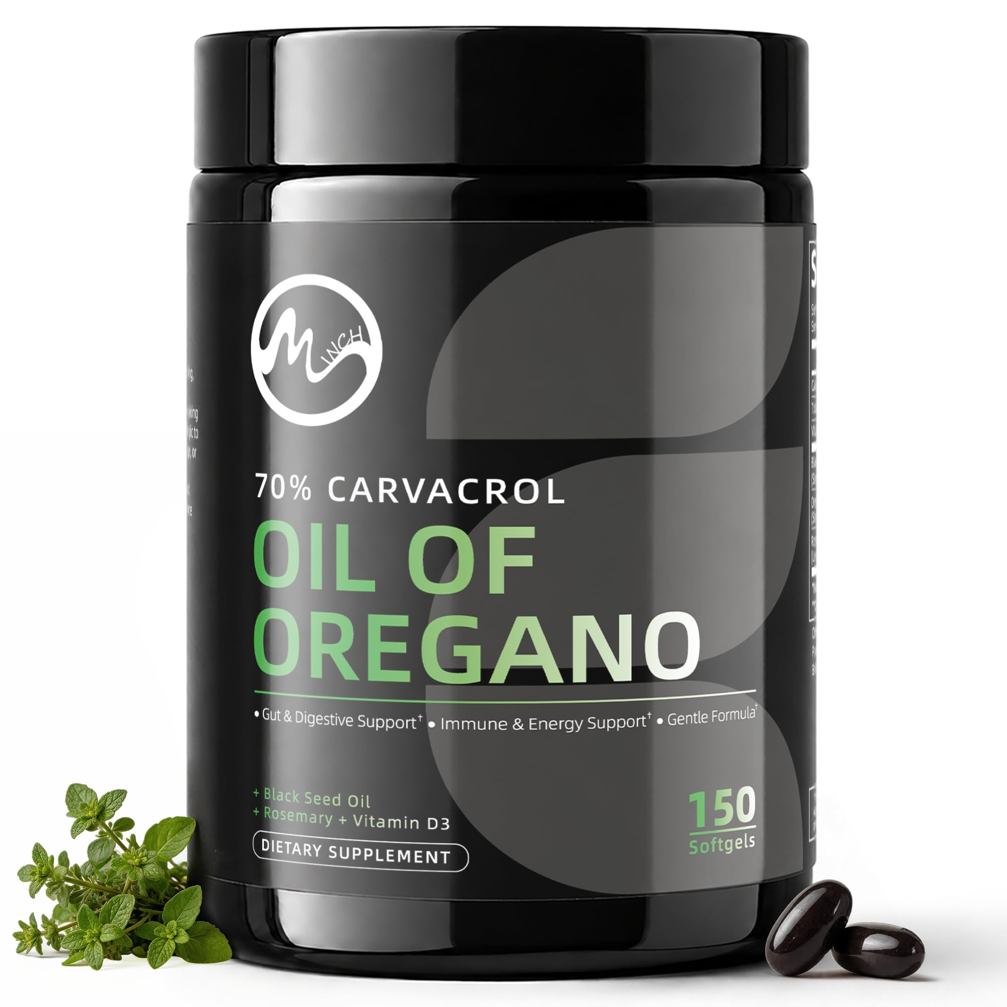 M inch Suplemento de Óleo de Orégano com Óleo de Semente Preta, 238 mg de Carvacrol, 150 cápsulas gelatinosas