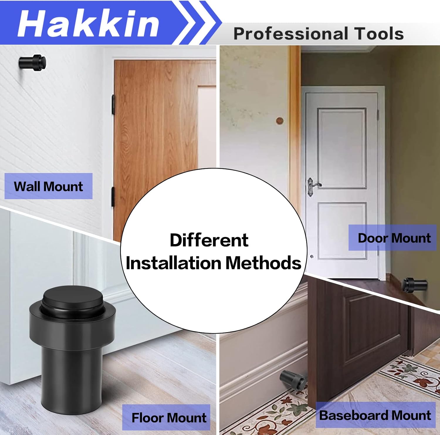 Hakkin 2PCS Floor Door Stopper, Cylindrical Door Stop Wall Protector, Floor Mount Door Stop 60mm Black Rubber Door Stopper, Door Stoppers for Bottom of Door, 3 Installation Methods