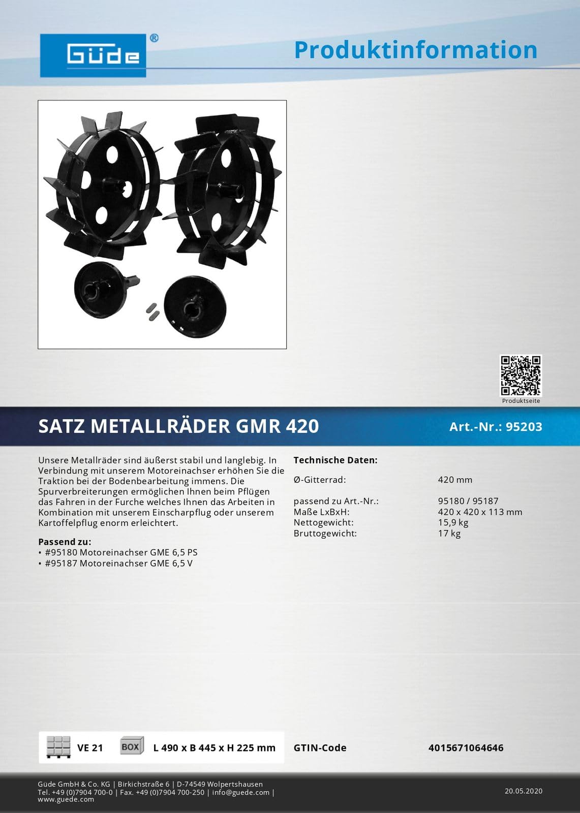 Güde Ruedas de metal Motor Eje Tractor GMR 420 conjunto arado arado o nuestro arado de patatas