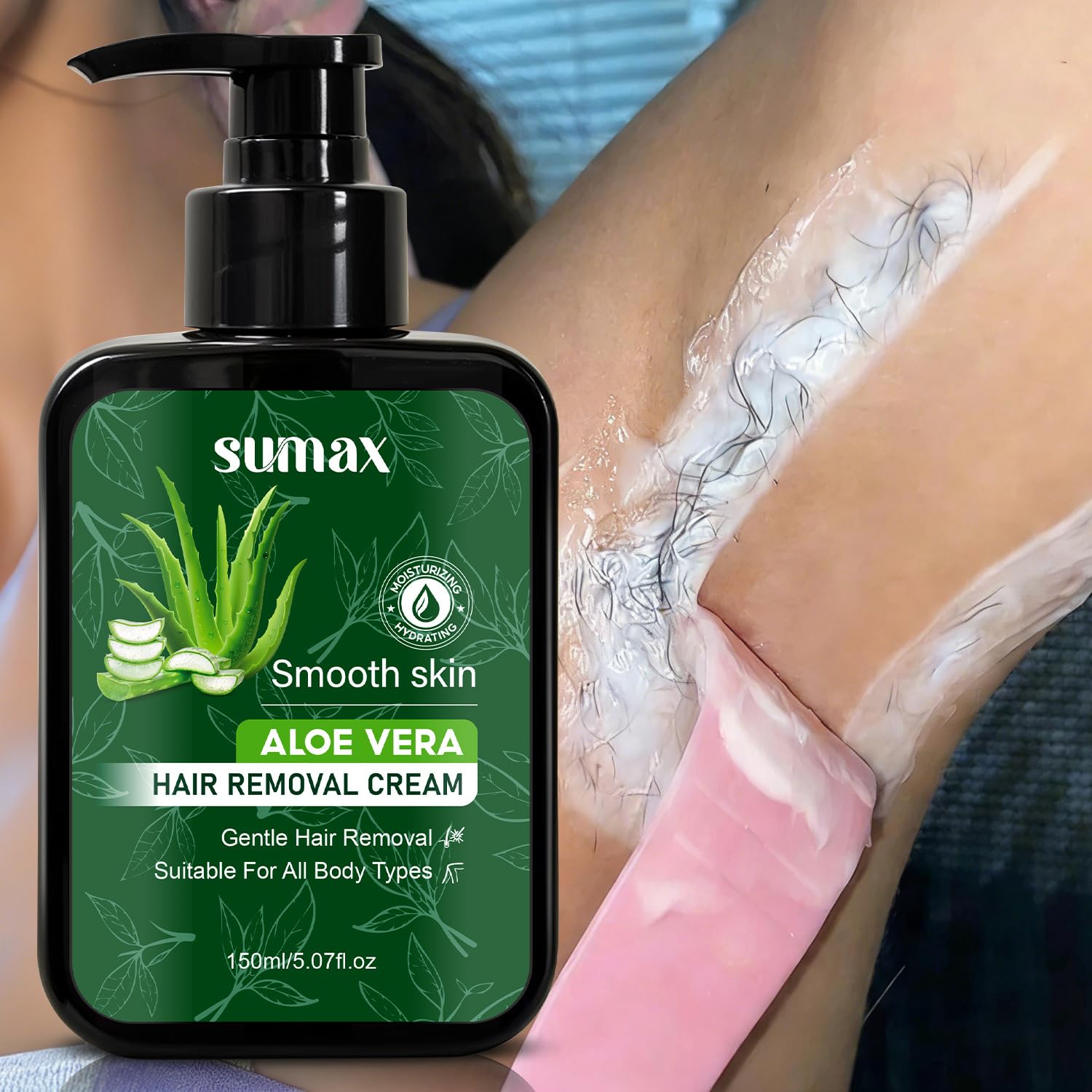 Crema de depilación Aloe Vera – Crema depilatoria suave sin dolor para labio superior, barbilla y cara con espátula, depilación rápida y eficaz para piernas, axilas y zona del bikini (6 unidades)