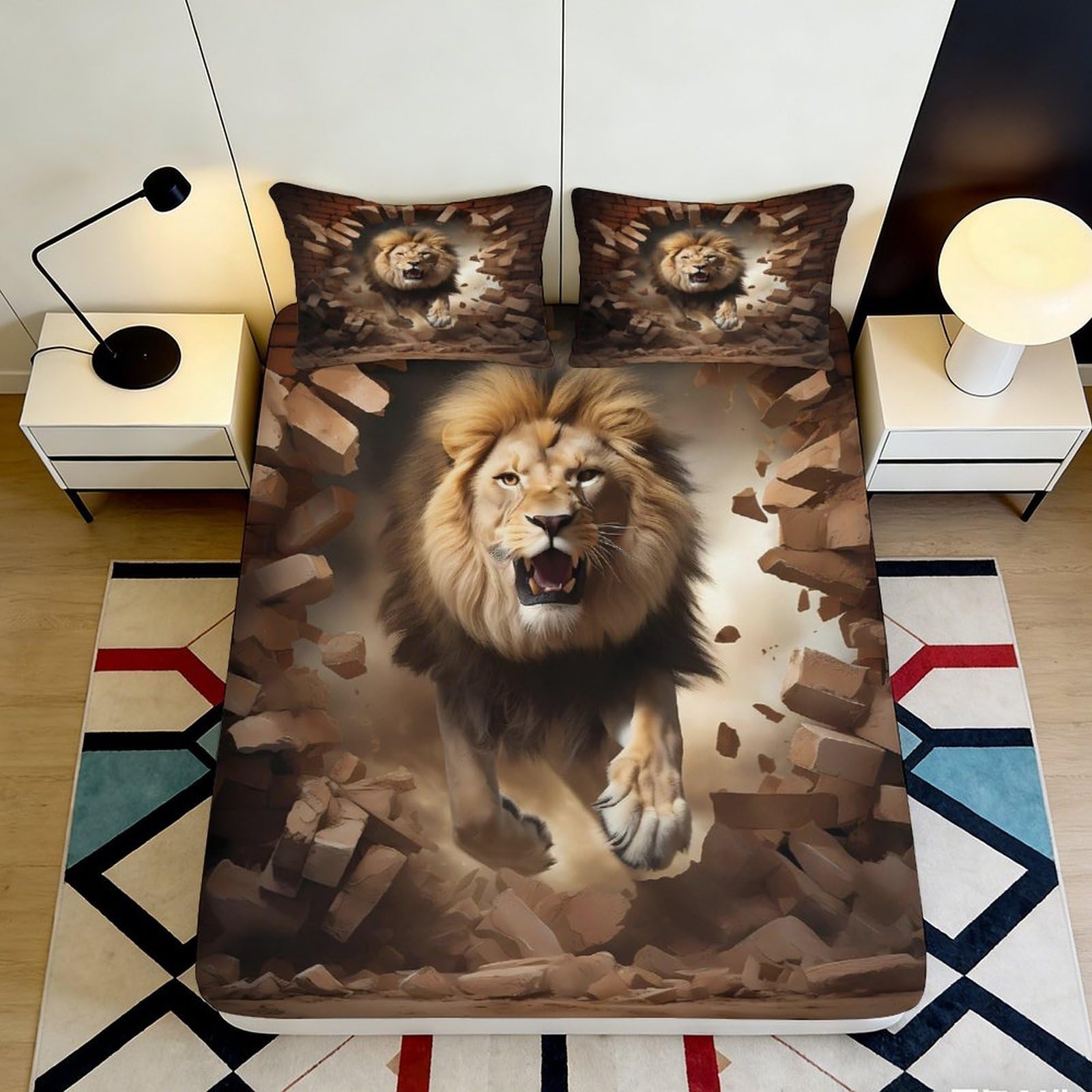 3D Printed lion Fitted Sheet with bold animal motif, Microfiber soft touch, slip-resistant, easy care, apartment bedding, bedroom decor, wrinkle resistant, stylish accent 90x200x25cm