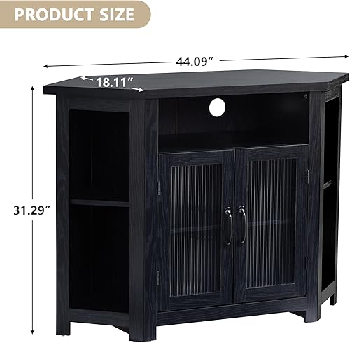 Miniatura 2 de AVZEAR Armario esquinero de TV de granja, color negro, mesa consola multimedia de TV de 44 pies con 2 puertas y estantes ajustables, centro de