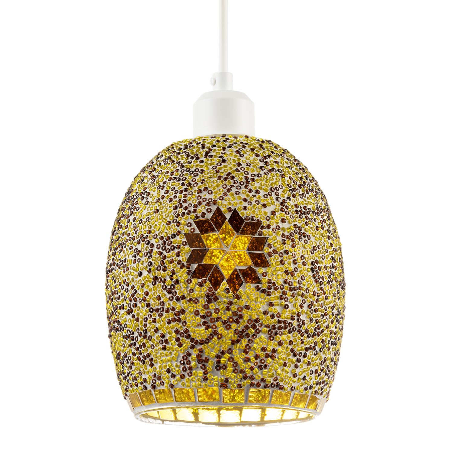 Dome Shaped Pendant Light Shade with Glass Mosaic Beaded Construction | 20cm x 18cm | Starburst Geometric Motif in Amber and Gold Glass by Happy Homewares