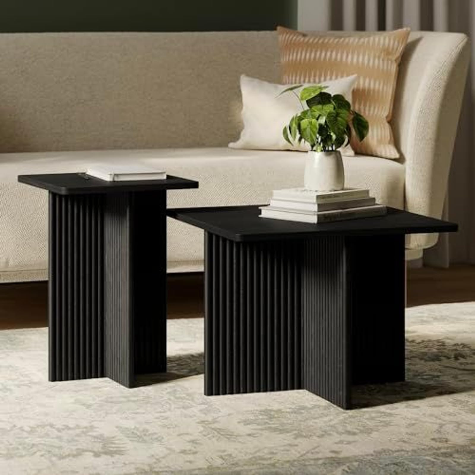 Square Fluted Nesting Coffee Tables, 2 Piece Coffee Table Set, Modern Drink Desk for Living Room, Modern Home Decor, Solid Wood Base and Wood Grain Veneer Top (Black)