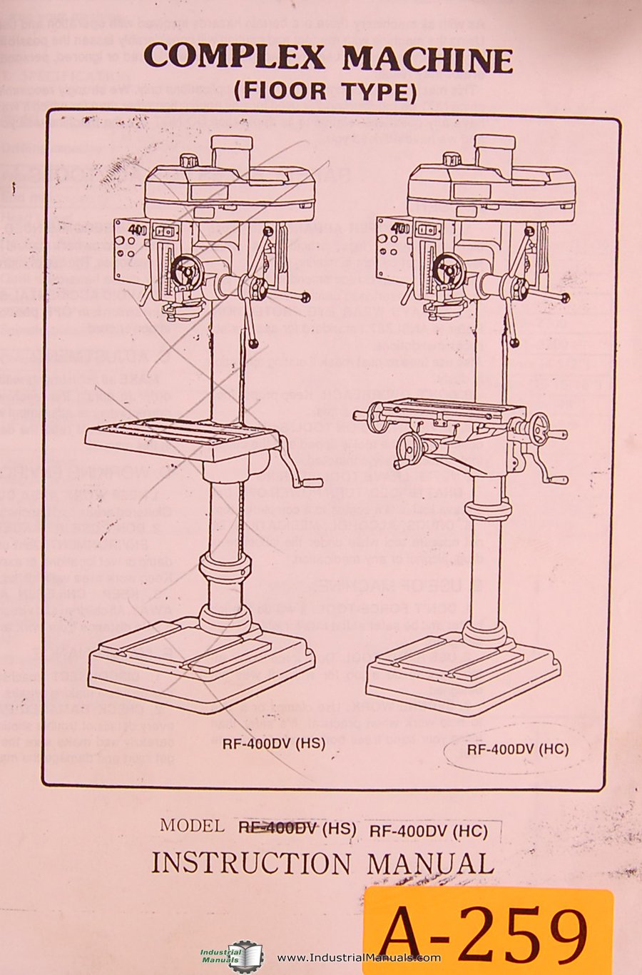 China Complex Machine, Floor Type, Model RF-400V (HC), Variable Speed Drill Press, Instructions Manual