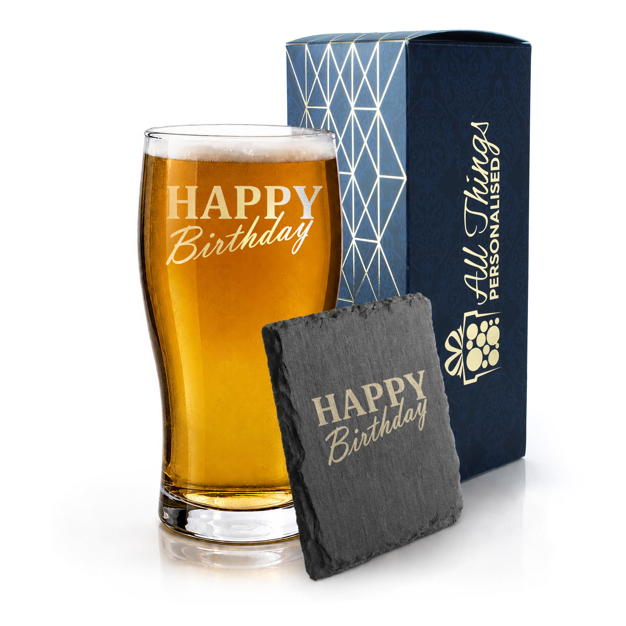 Engraved Pint Glass and Slate Coaster Gift Set with Stylish Happy Birthday, Beer Glass Birthday Present, Gift for Him, Gift Boxed, Drinks Coaster, Beer Gift — image 1