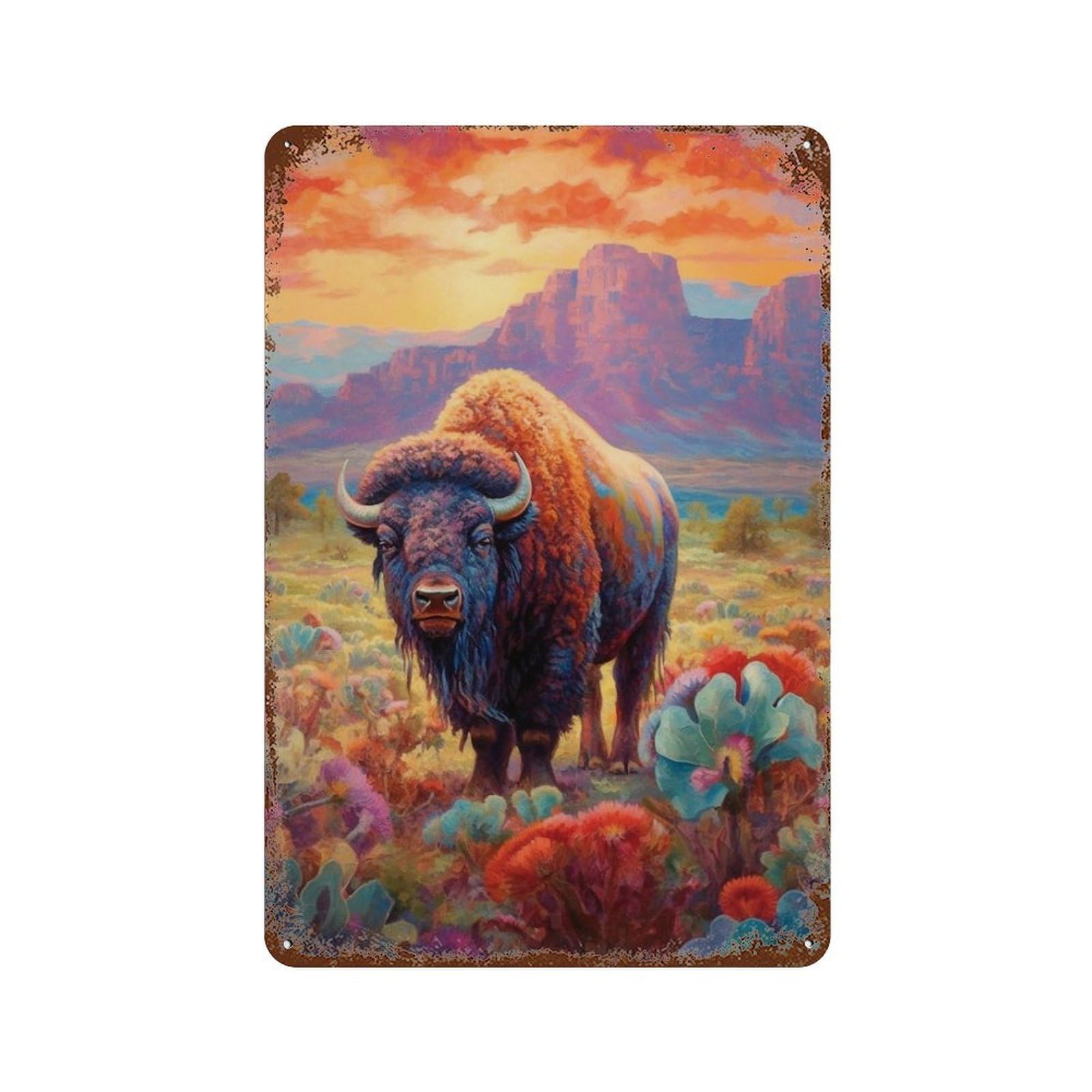 Colorful Bison in Wildflowers Aged Metal Wall Plaque 11.8"x7.9", for Basement, Hobby Room And Garage Decor, Rustic Home Decor