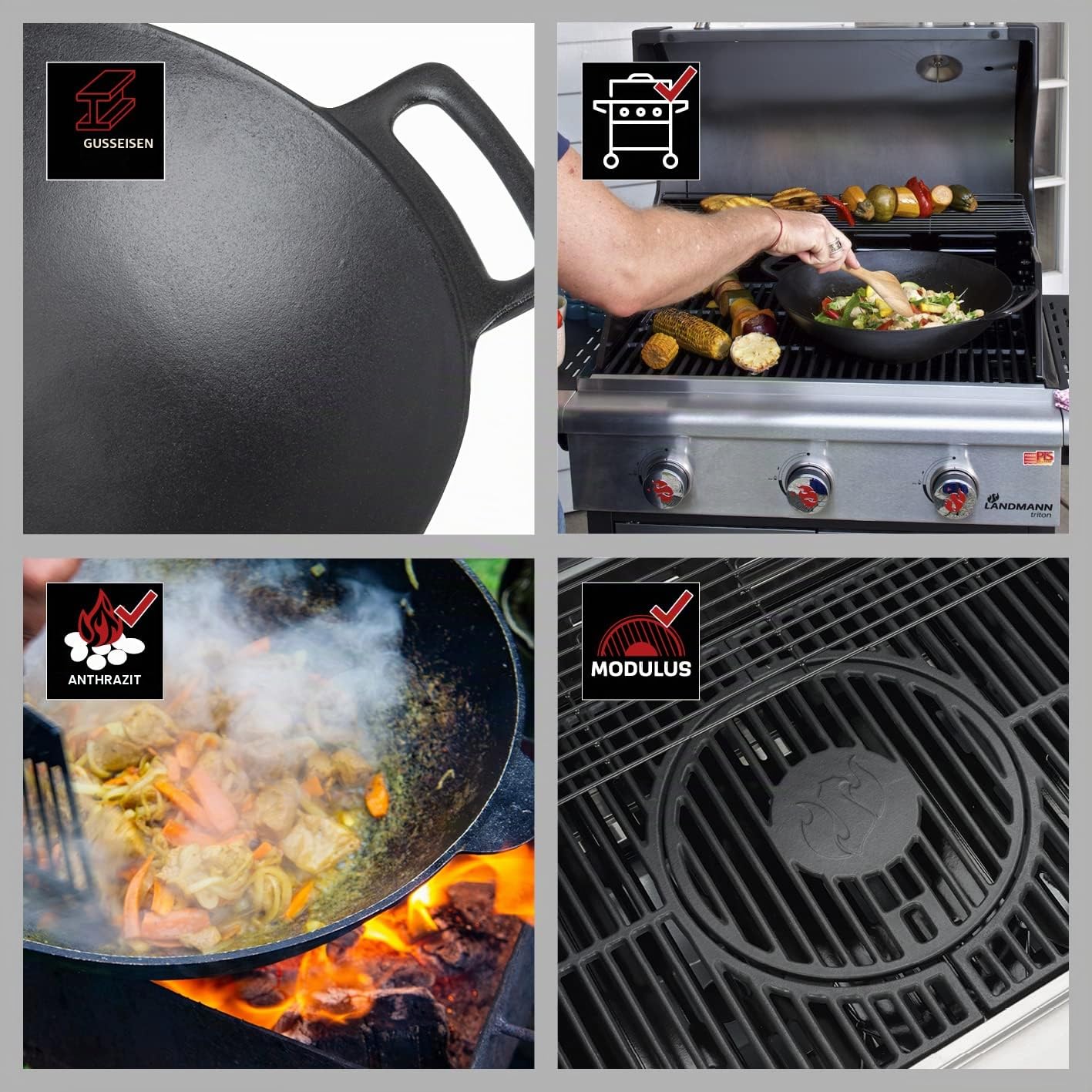 Landmann Grillwok | Hochwertiger Wok aus emailliertem Gusseisen (Ø 36 cm) | Optimale Hitzeverteilung und Hitzespeicherung | Mit abgeflachten Boden passend für Grillroste | 38 x 46 x 13,5 cm [Schwarz]