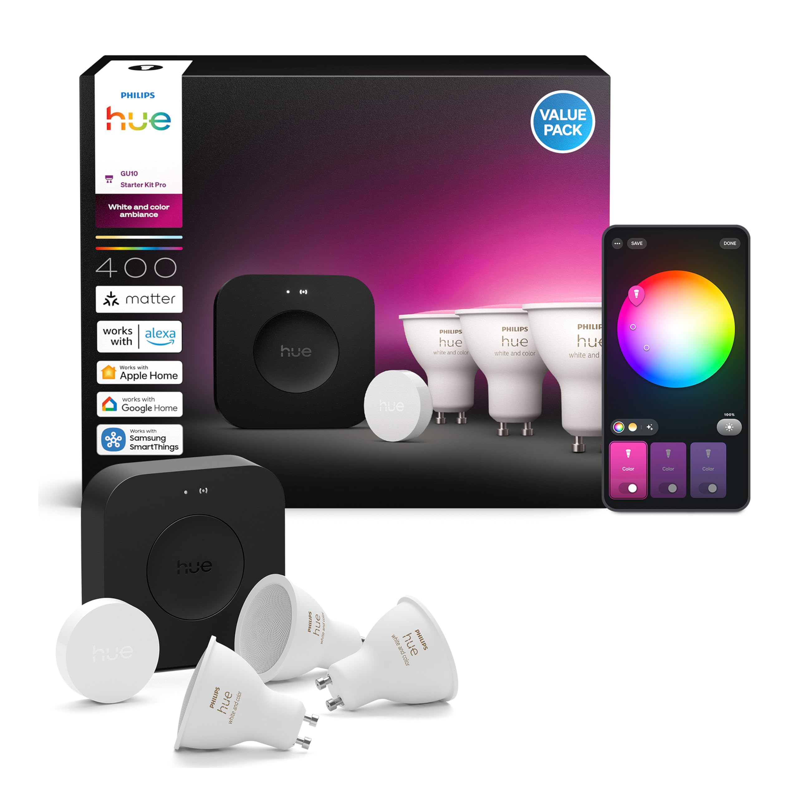 Philips Hue Philips Hue Starter Kit: Bridge Pro + 3 faretti smart GU10 + Smart button, White and Color Ambiance, Smart Light Hub, per Apple Home, Amazon Alexa, Google Assistant, Samsung SmartThings