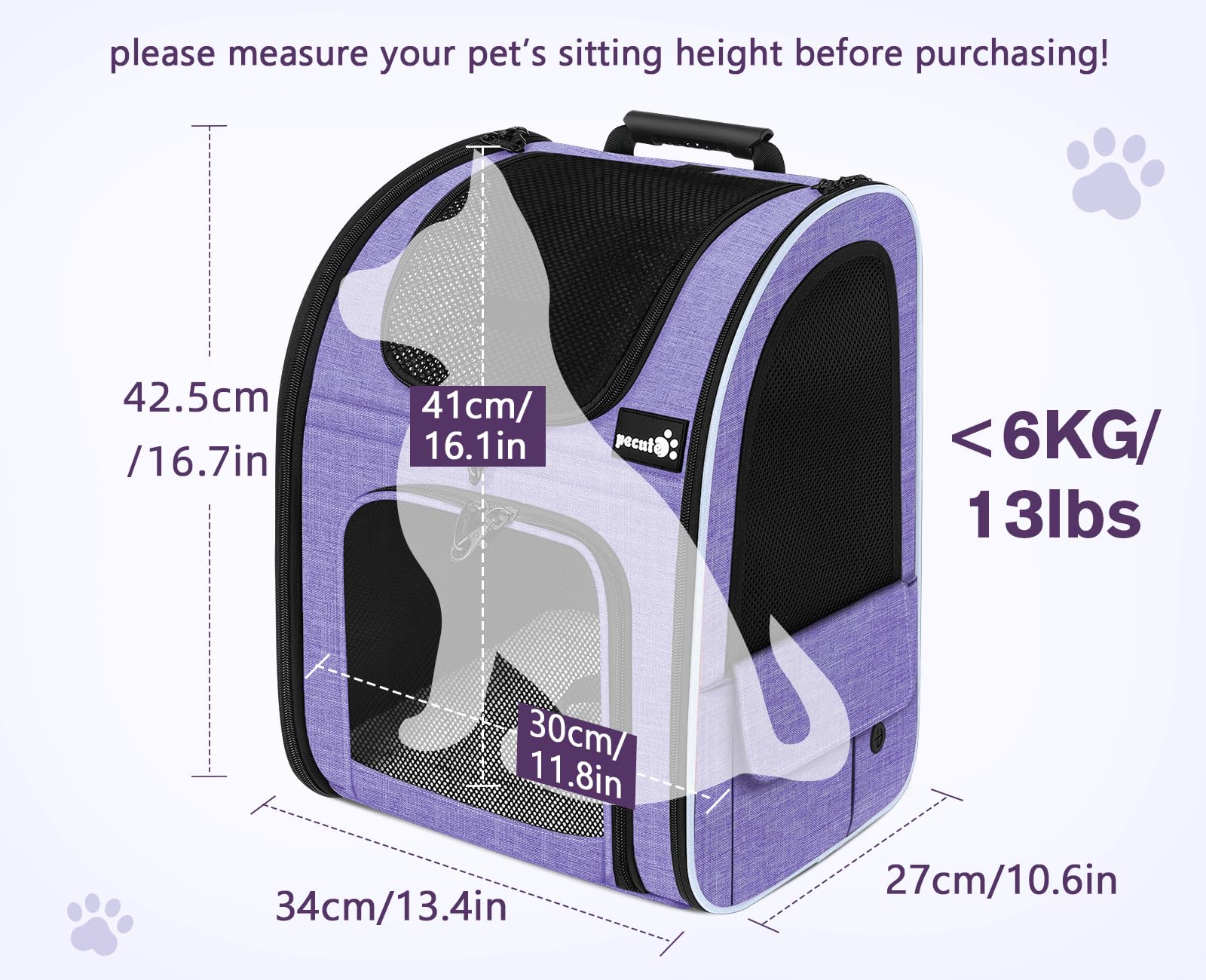 Pecute Zaino Porta Animali Estensibile Sia per Cani di Piccola Taglia Che per Gatti, Cuccia Portatile/Trasportino Estraibile Indicato per Viaggi Sia Lunghi Che Corti, viola