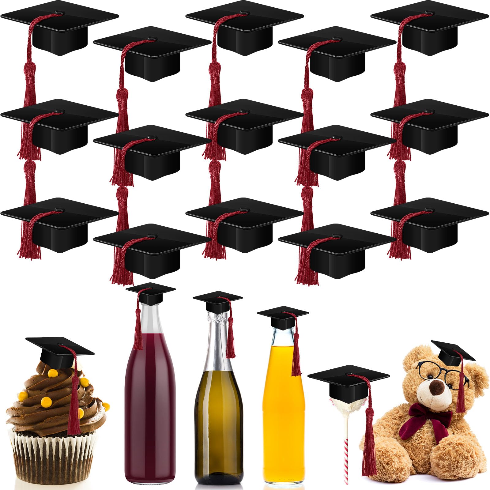 Qunclay 30 Pieces Mini Graduation Cap Black Hats with Maroon Tassels Plastic Grad Cake Pops Cover Toppers for Graduation Party Decorations