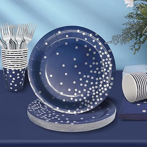 Miniatura 4 de Serve 25 Guests Navy Blue Plates and Napkins Party Supplies,Blue and Silver Birthday Plates Disposable,Navy Blue Paper Plates and Napkins Cups