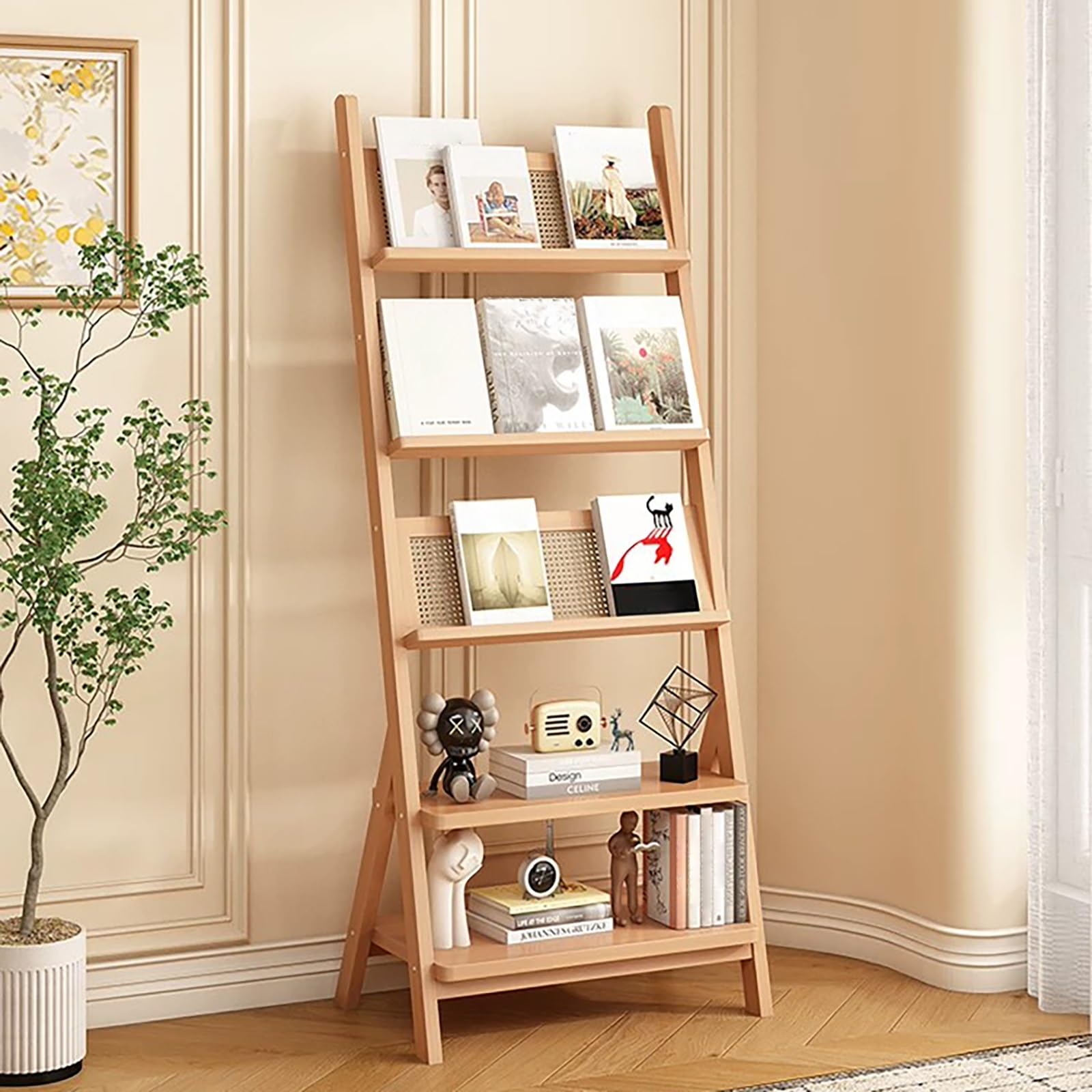 Wooden Ladder Magazine Rack, Freestanding Vertical Book & Brochure Display Shelf for Home Office Living Room Reception(Yellow)