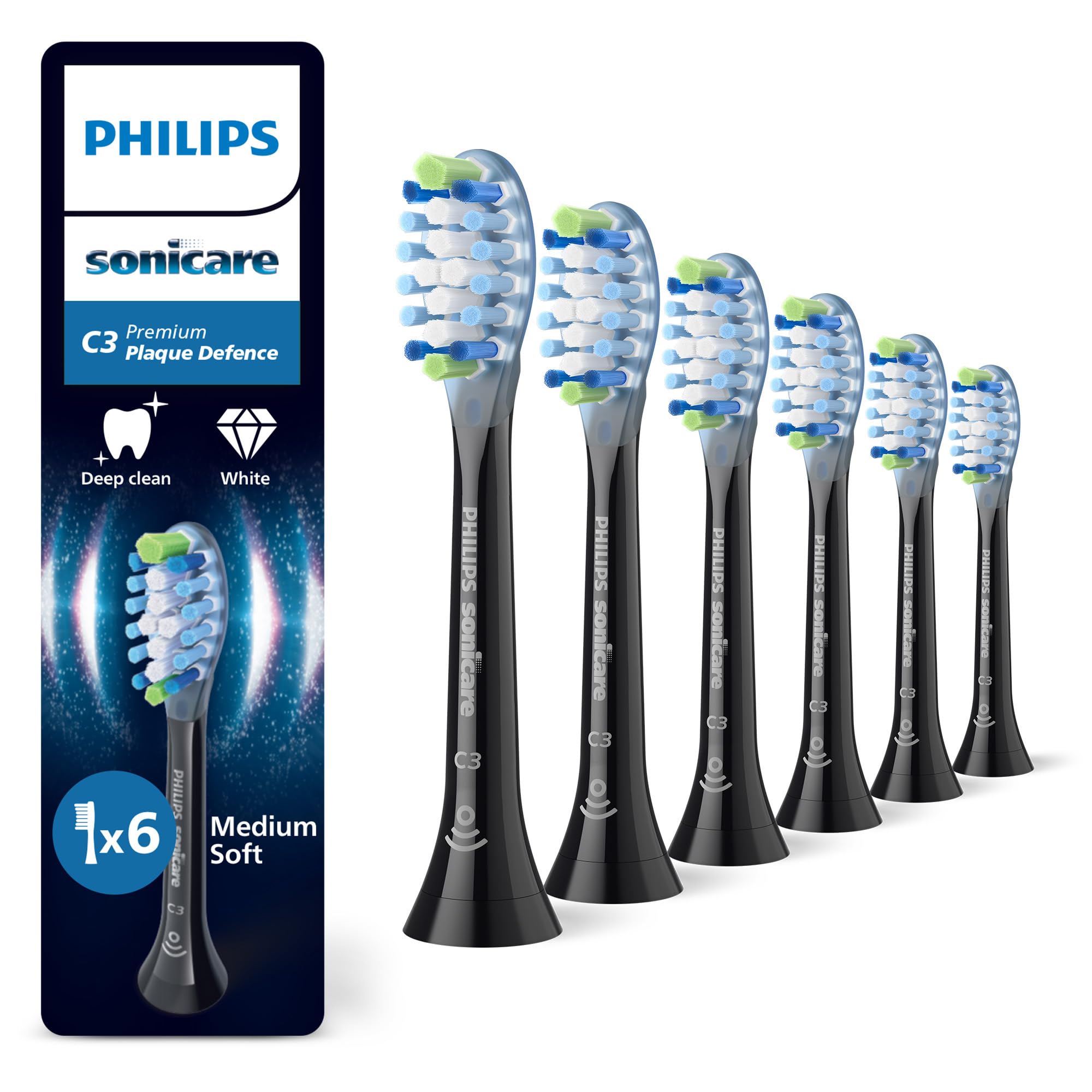 Philips Sonicare C3 Premium Plaque Defense, Original Ersatzbürstenköpfe, Schwarz, 6er-Pack, HX9046/88