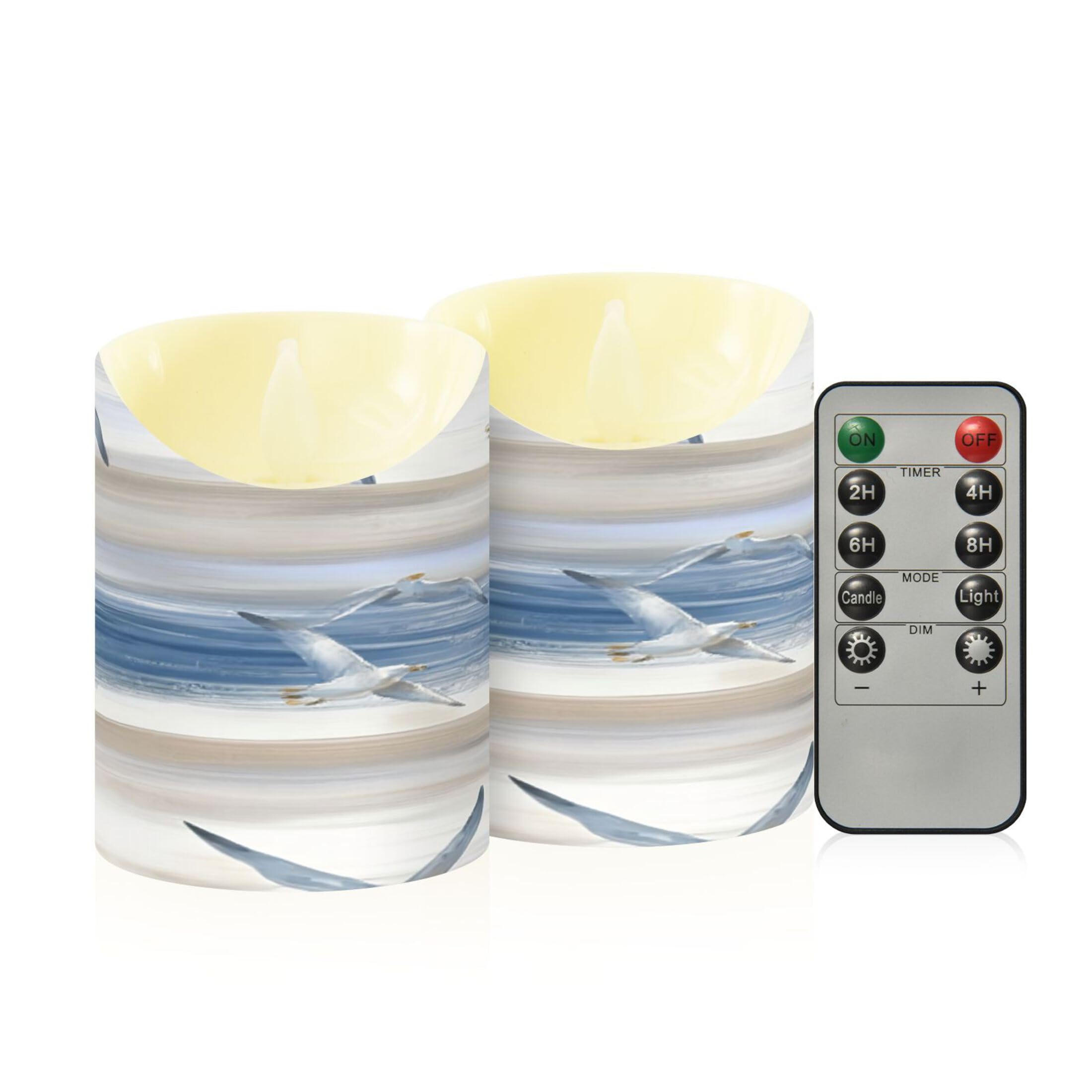 Kutsu Seagulls Flameless Candles Set of 2, Battery Operated LED Flickering Candles with Remote and Timer, Plastic Pillar Candles for Home Wedding Decor