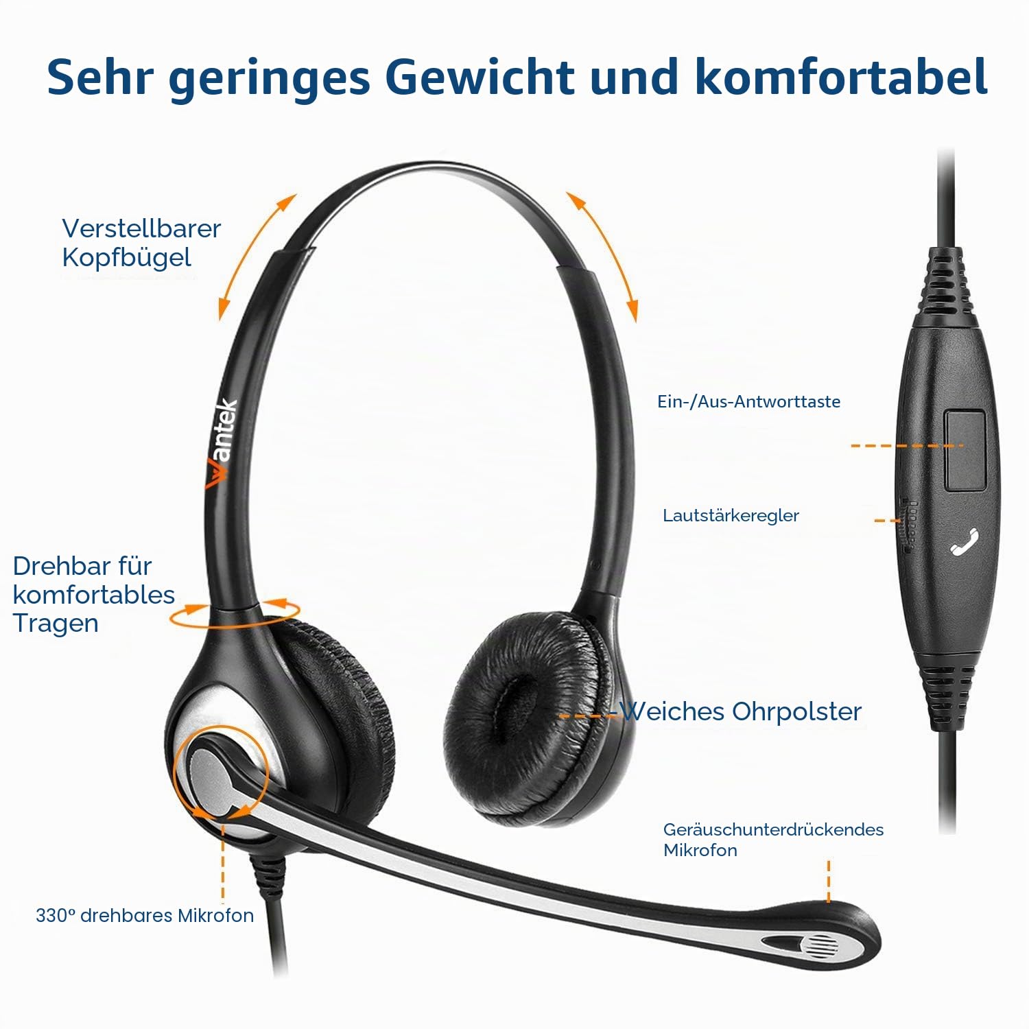 Wantek Telefon Headset 3,5mm Klinke, Laptop Kopfhörer mit Mikrofon Geräuschunterdrückung, Kabelgebundenes PC Headset Klinkenstecker für iPhone Computer Call Center Office, Klar Chat, Hoher Komfort