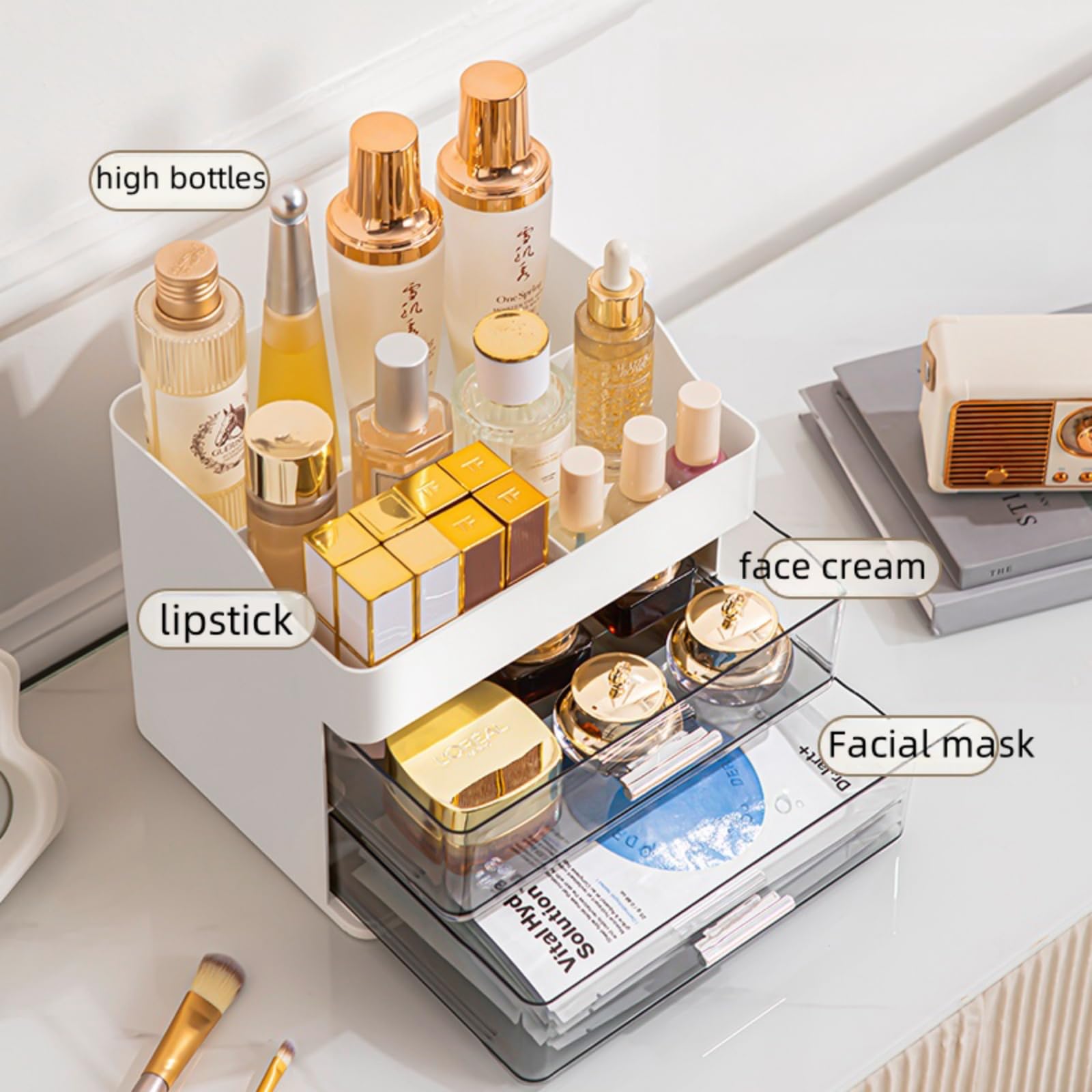 Organizer per trucchi con 2 cassetti, espositore per cosmetici, scatola portaoggetti (bianco)
